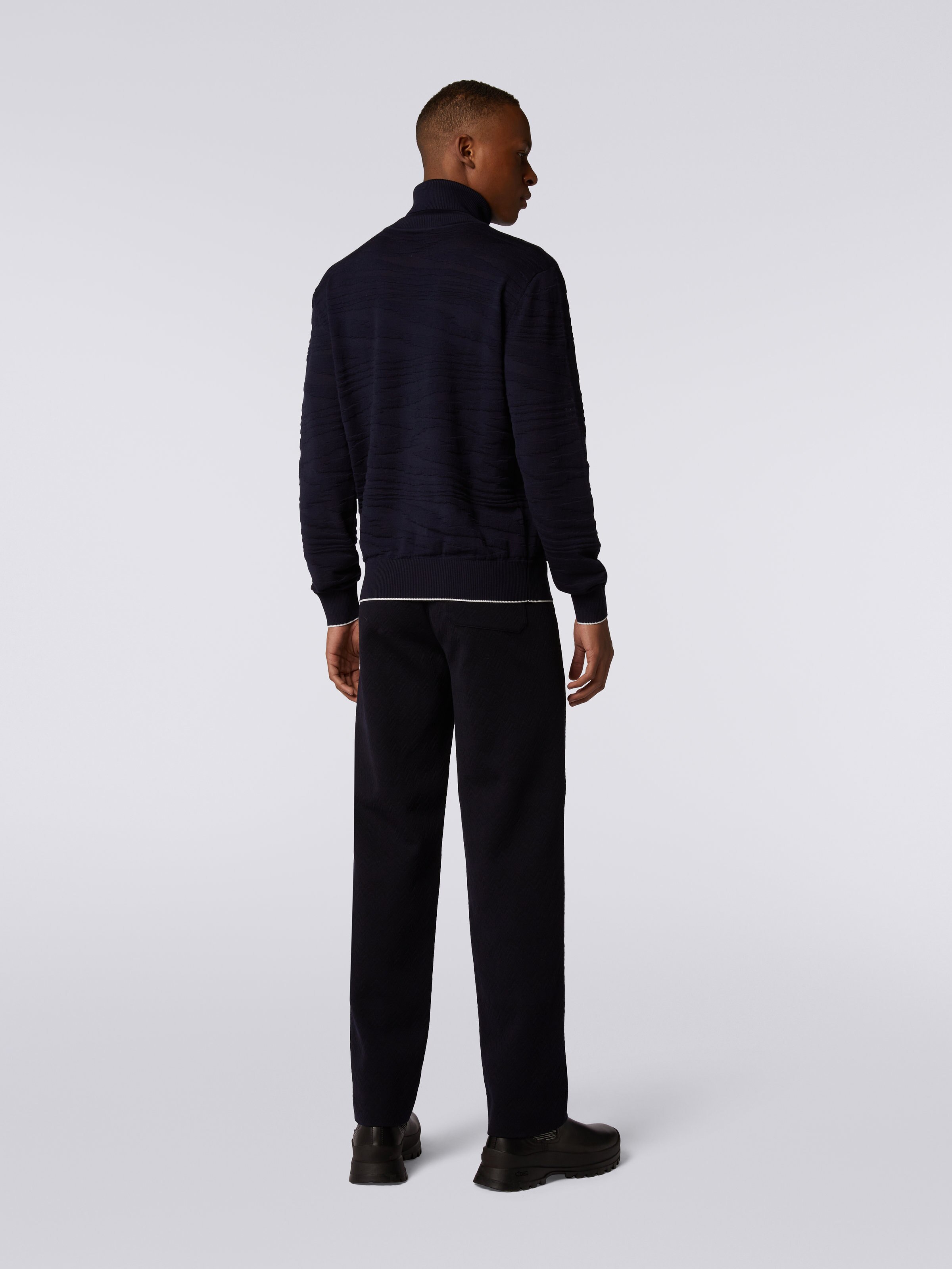 Embossed wool and viscose high neck jumper, Navy Blue  - 3