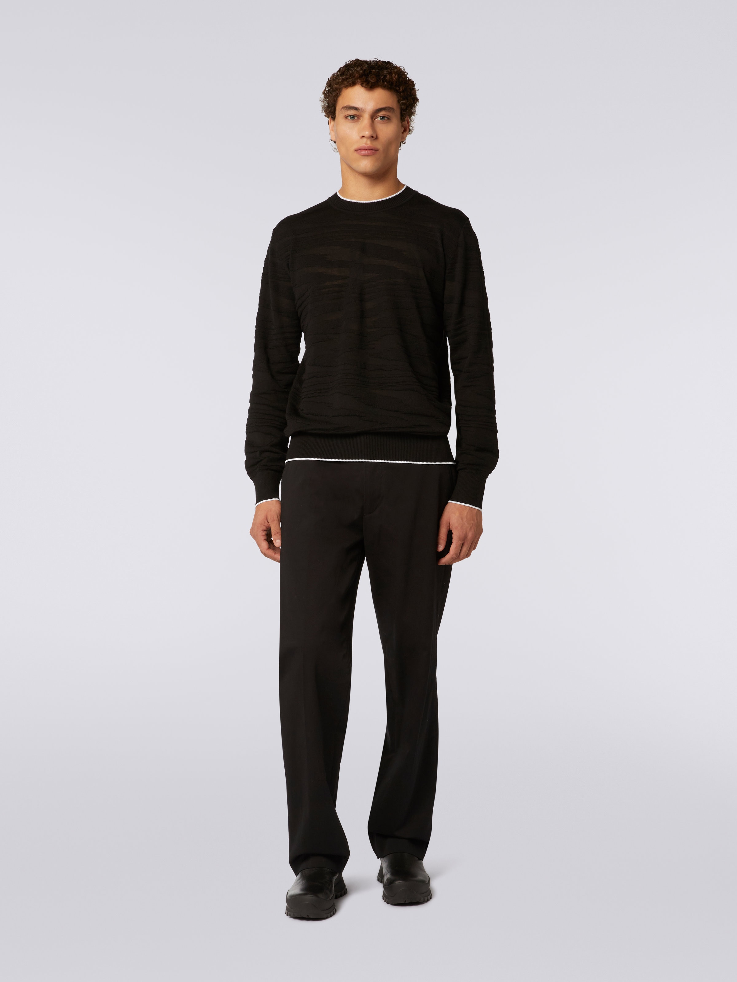 Embossed wool and viscose crew-neck pullover, Black    - 1