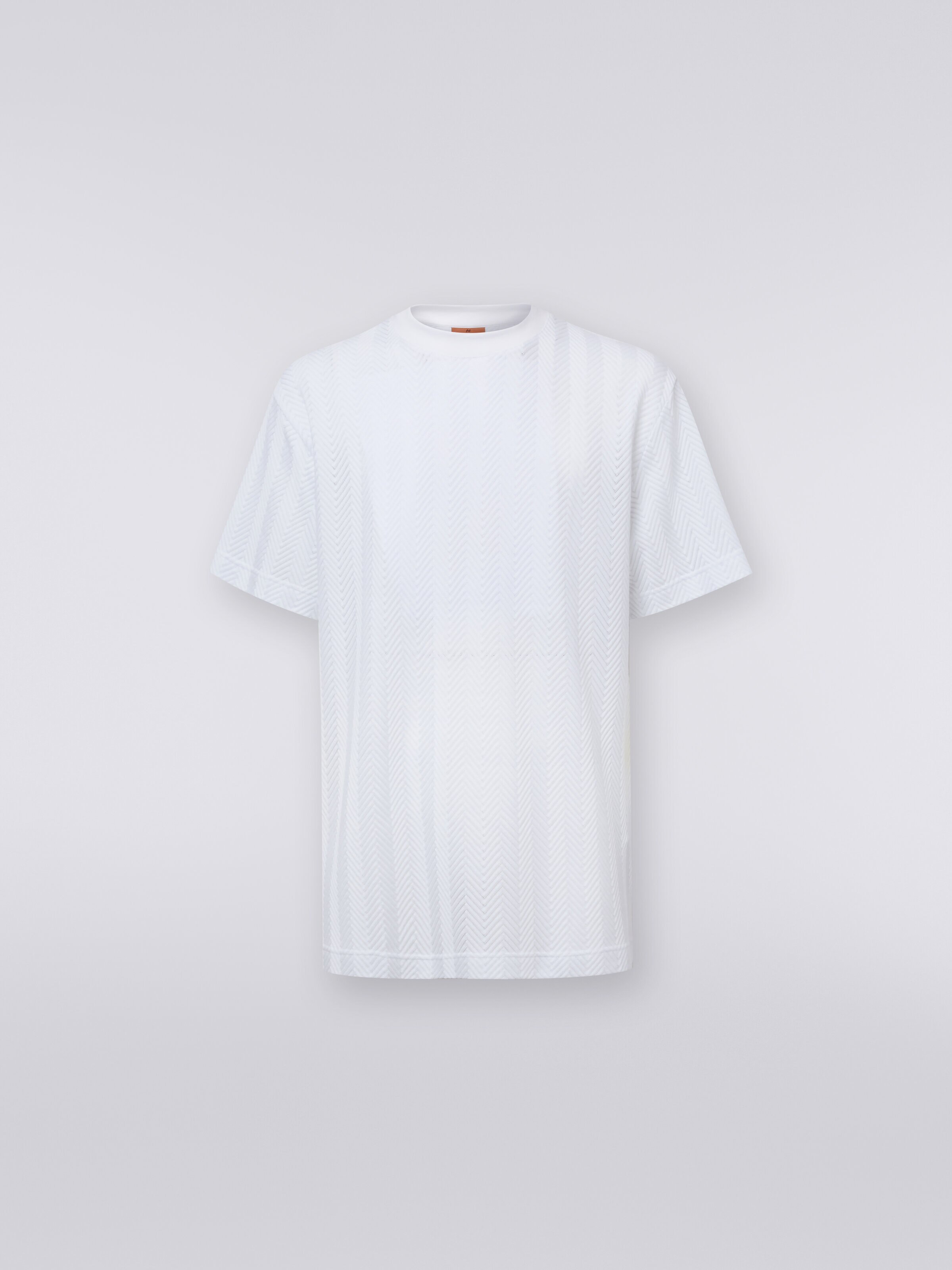 T-Shirt aus Baumwolle und Viskose mit Rundhalsausschnitt und Chevronmuster, Weiß  - 0