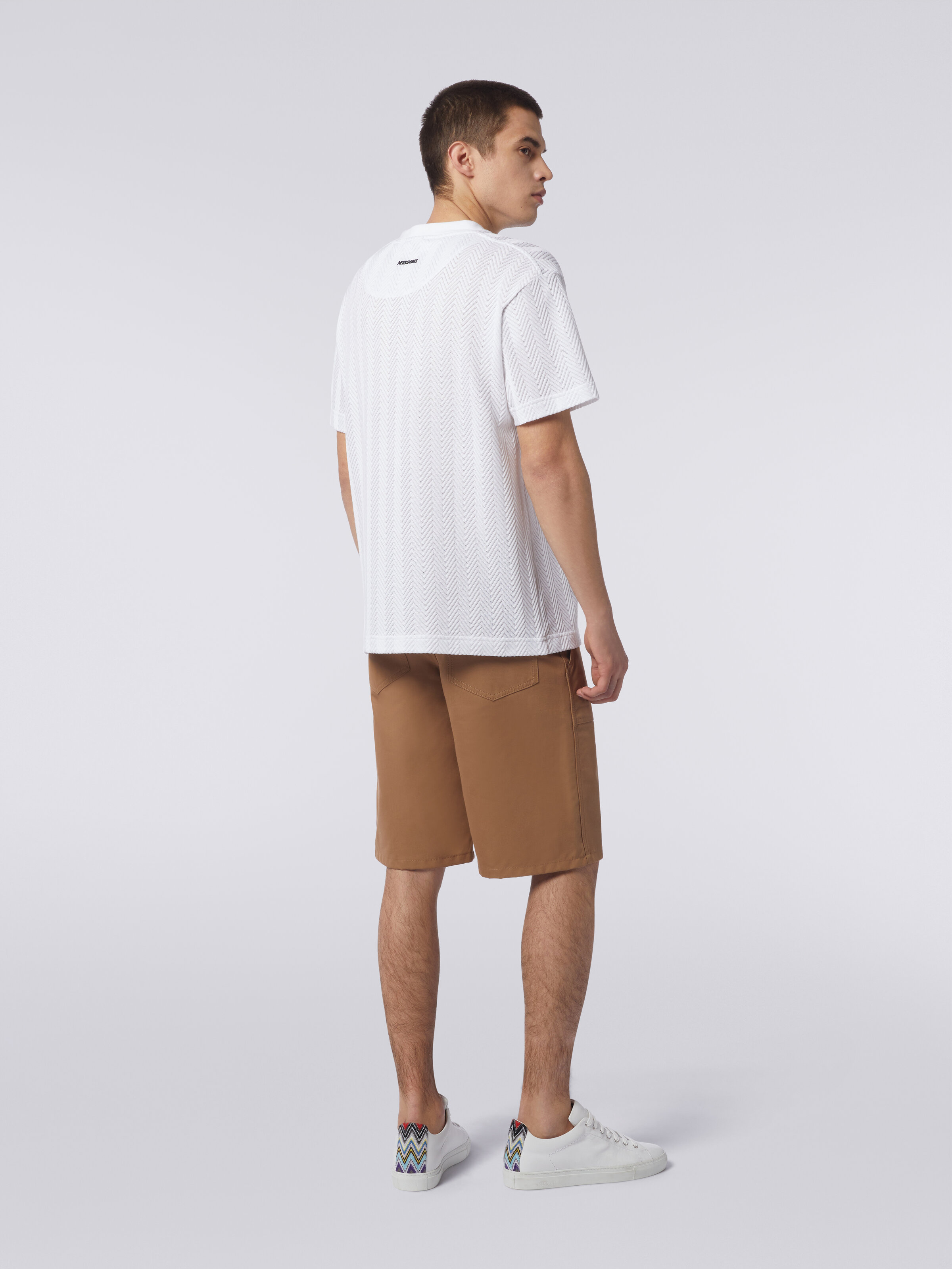 T-shirt à col ras du cou en coton et viscose à chevrons, Blanc  - 3
