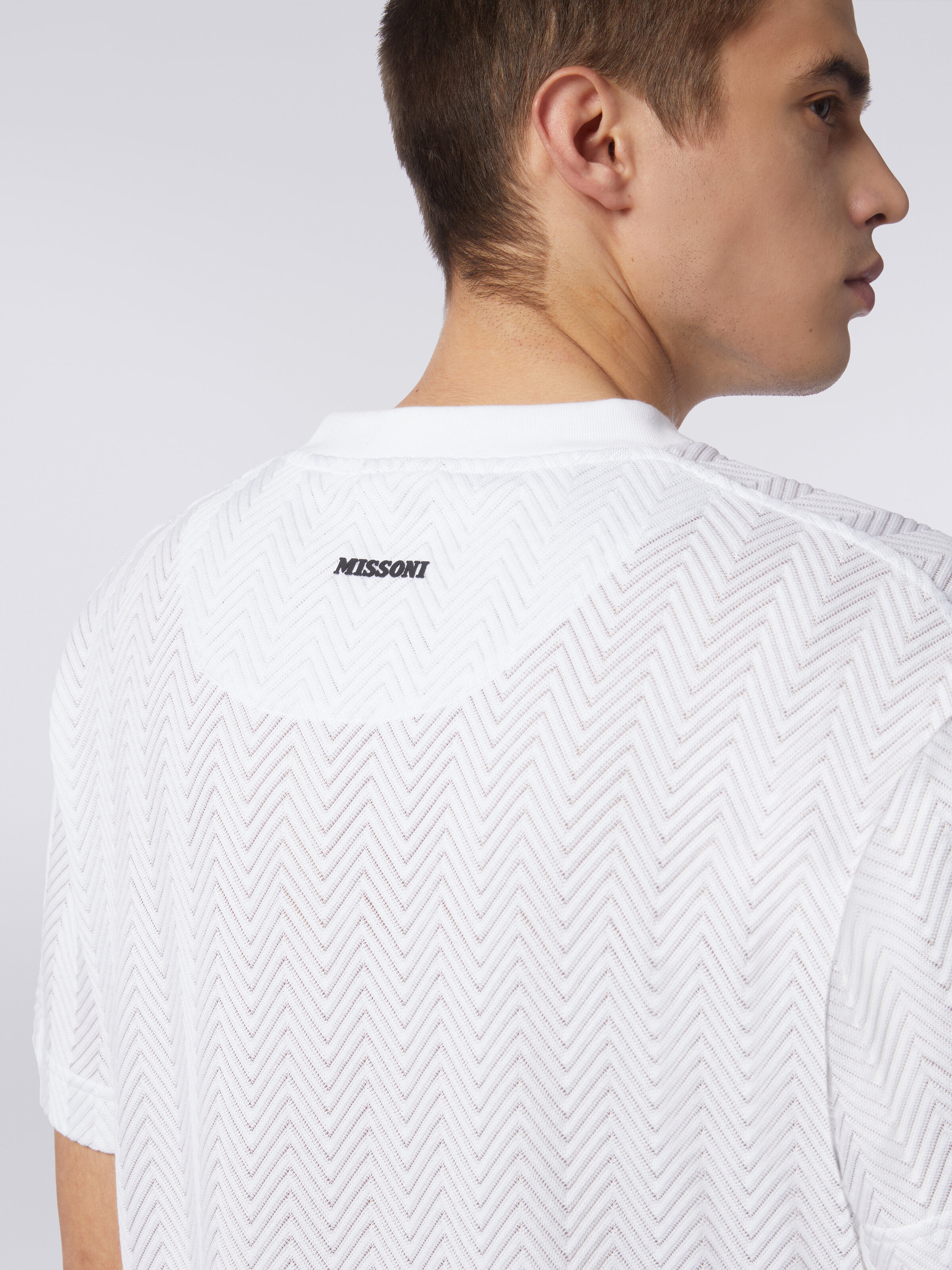 T-shirt girocollo in cotone e viscosa chevron, Bianco  - 4