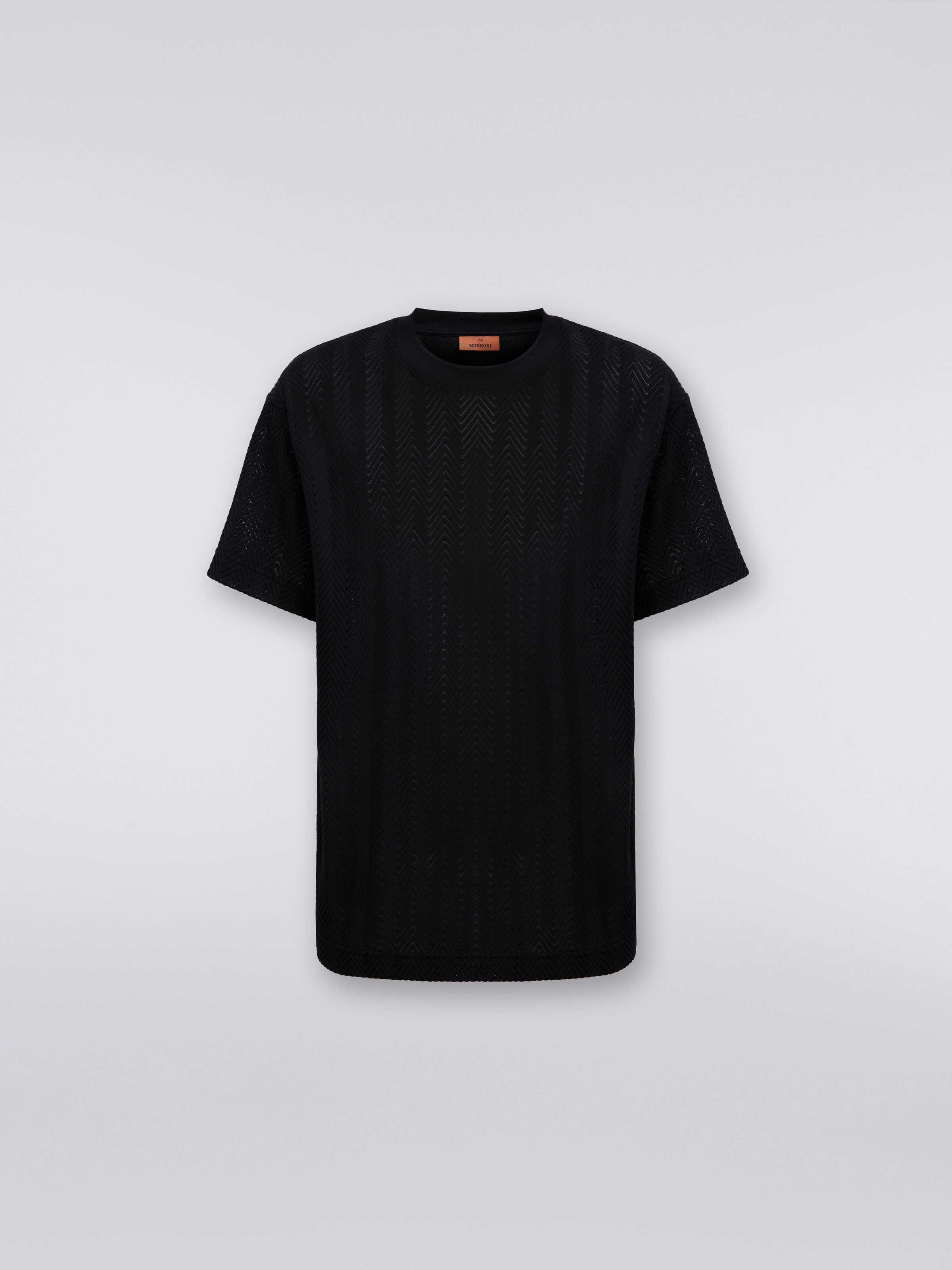 T-shirt girocollo in cotone e viscosa chevron, Nero    - 0