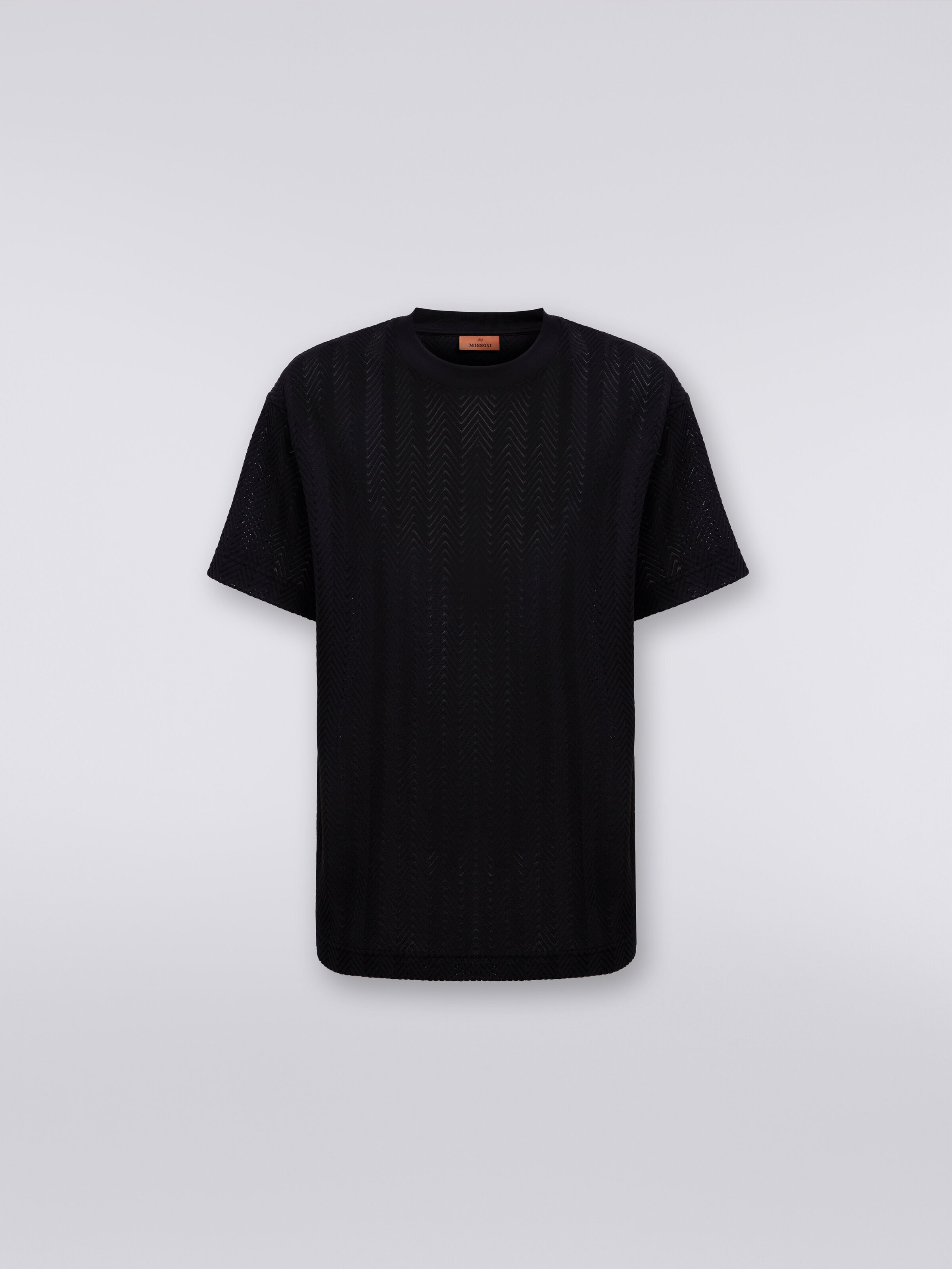 Crew-neck T-shirt in chevron viscose and cotton, Black    - 0