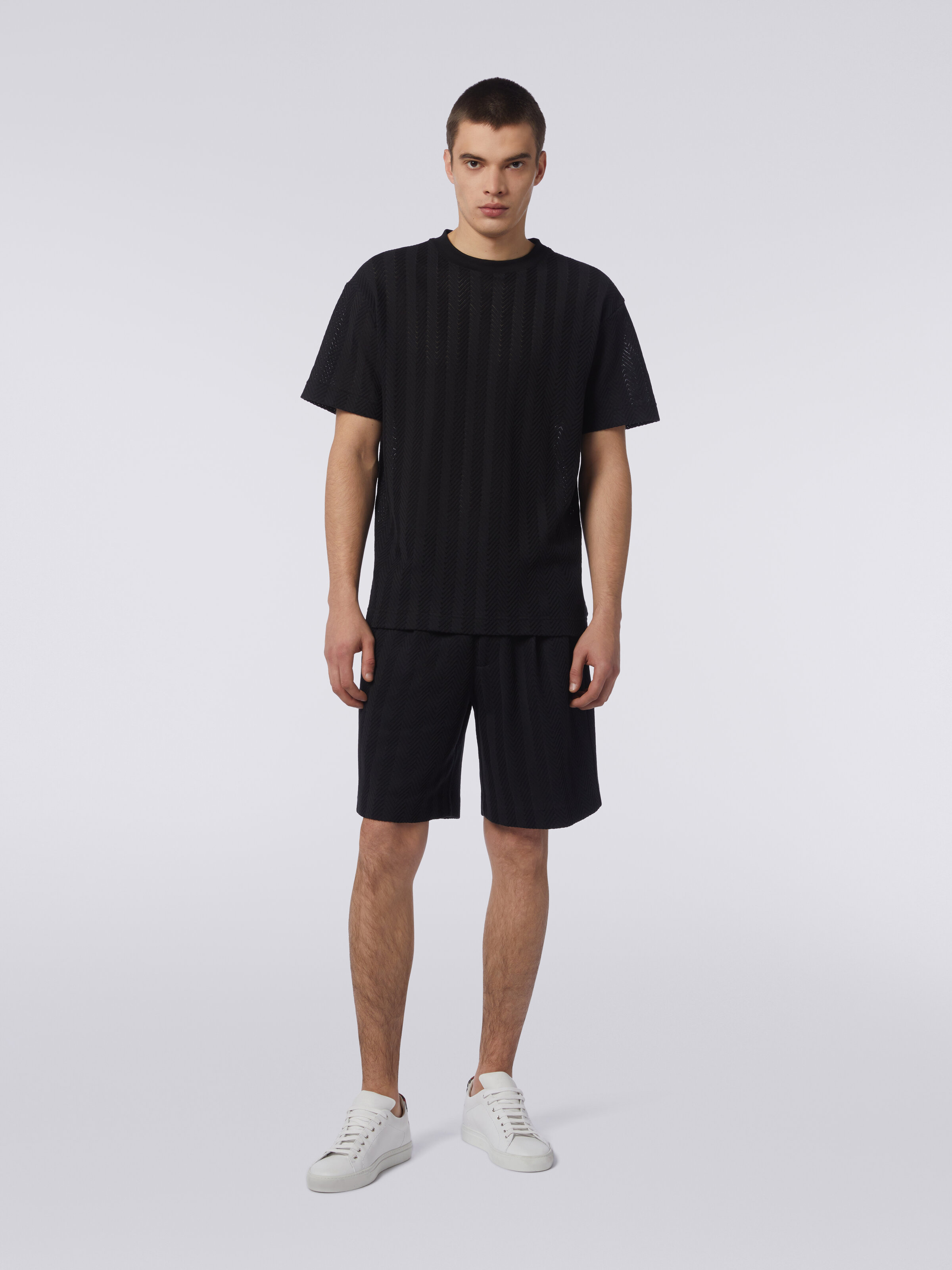 Crew-neck T-shirt in chevron viscose and cotton, Black    - 1