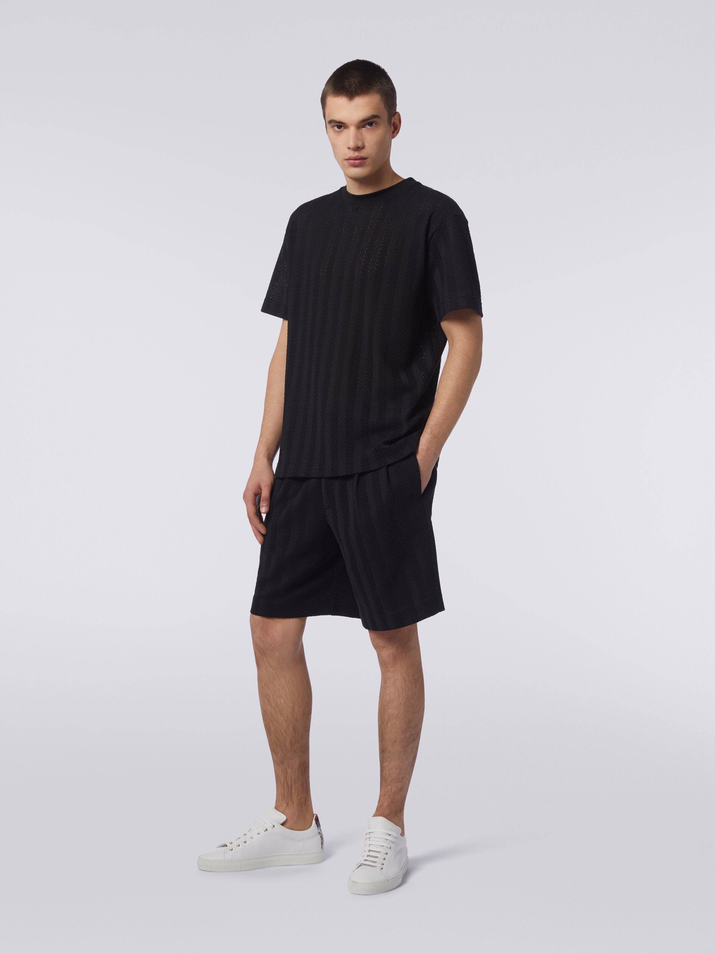 Crew-neck T-shirt in chevron viscose and cotton, Black    - 2