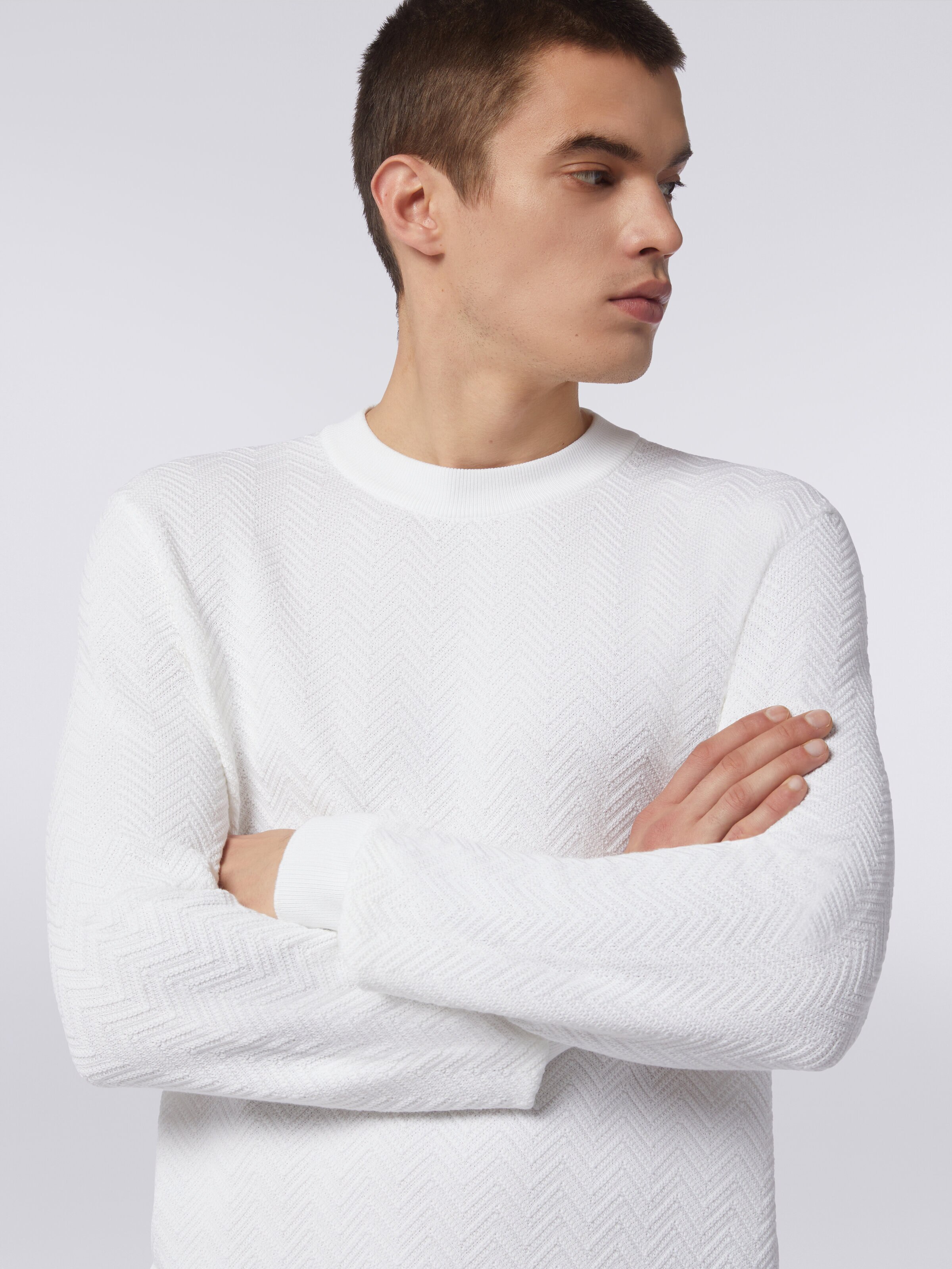 Jersey de cuello redondo en algodón a espigas, Blanco  - 4