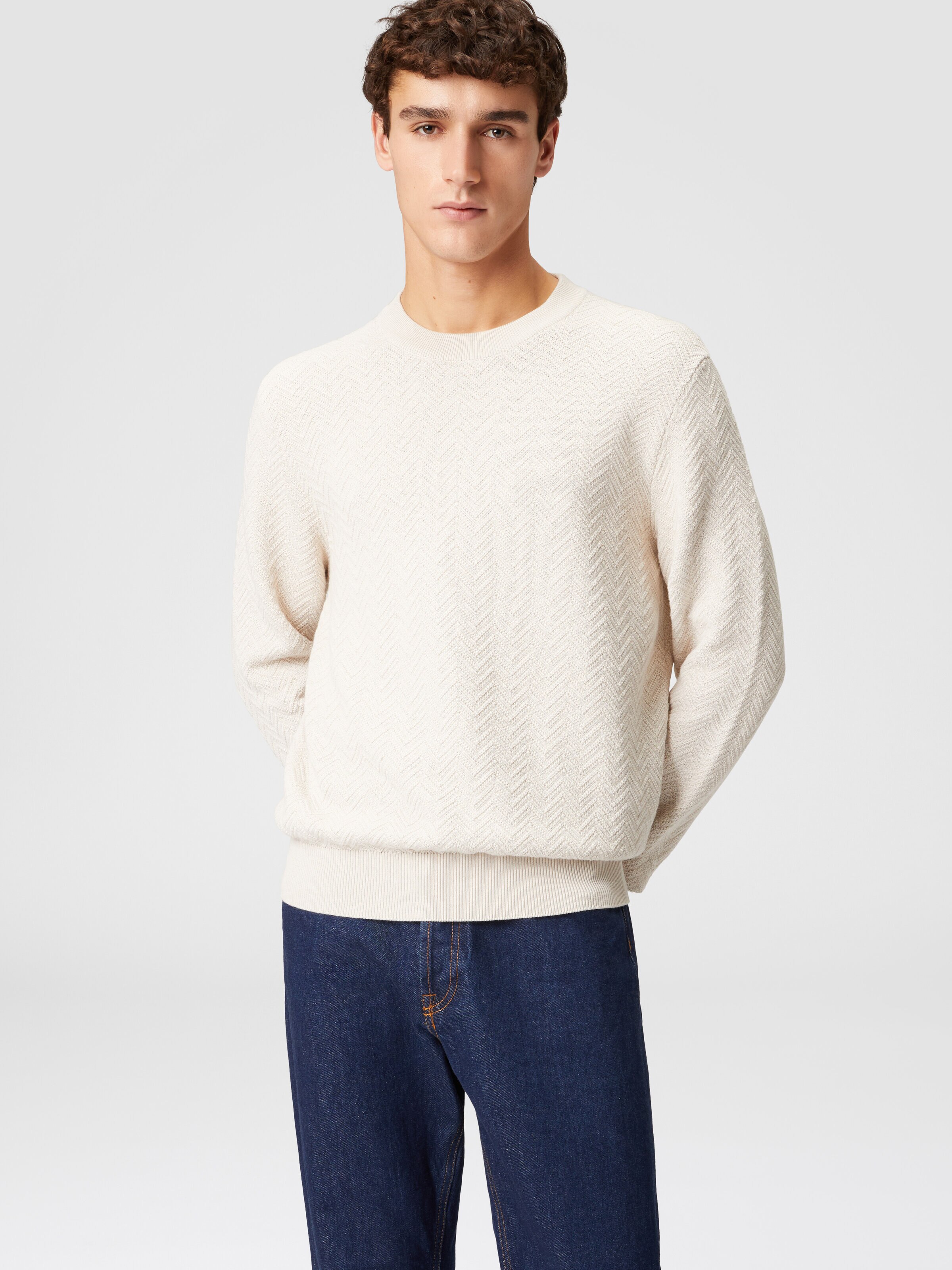 Jersey de cuello redondo en algodón a espigas, Beige - 3