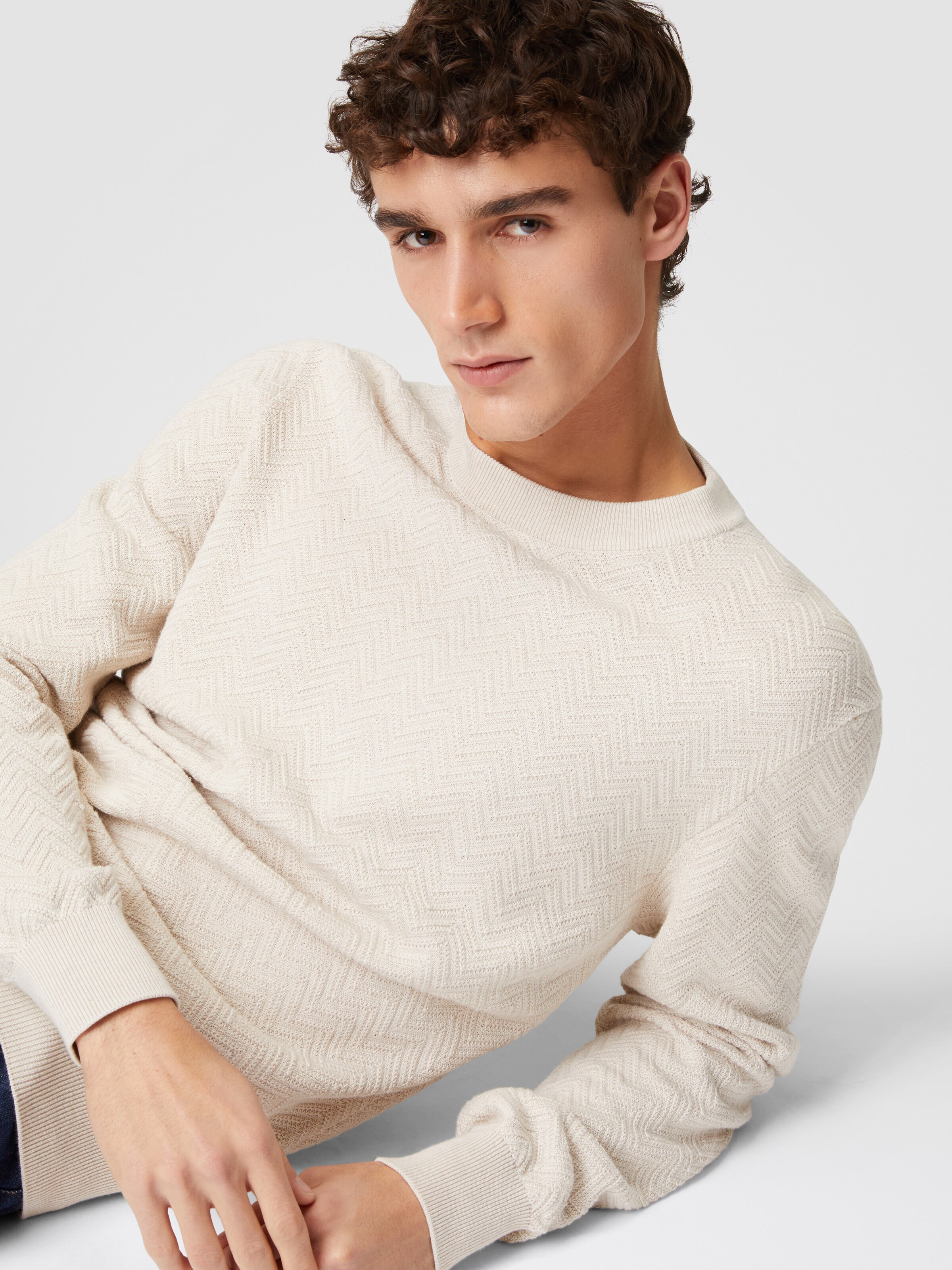 Jersey de cuello redondo en algodón a espigas, Beige - 4