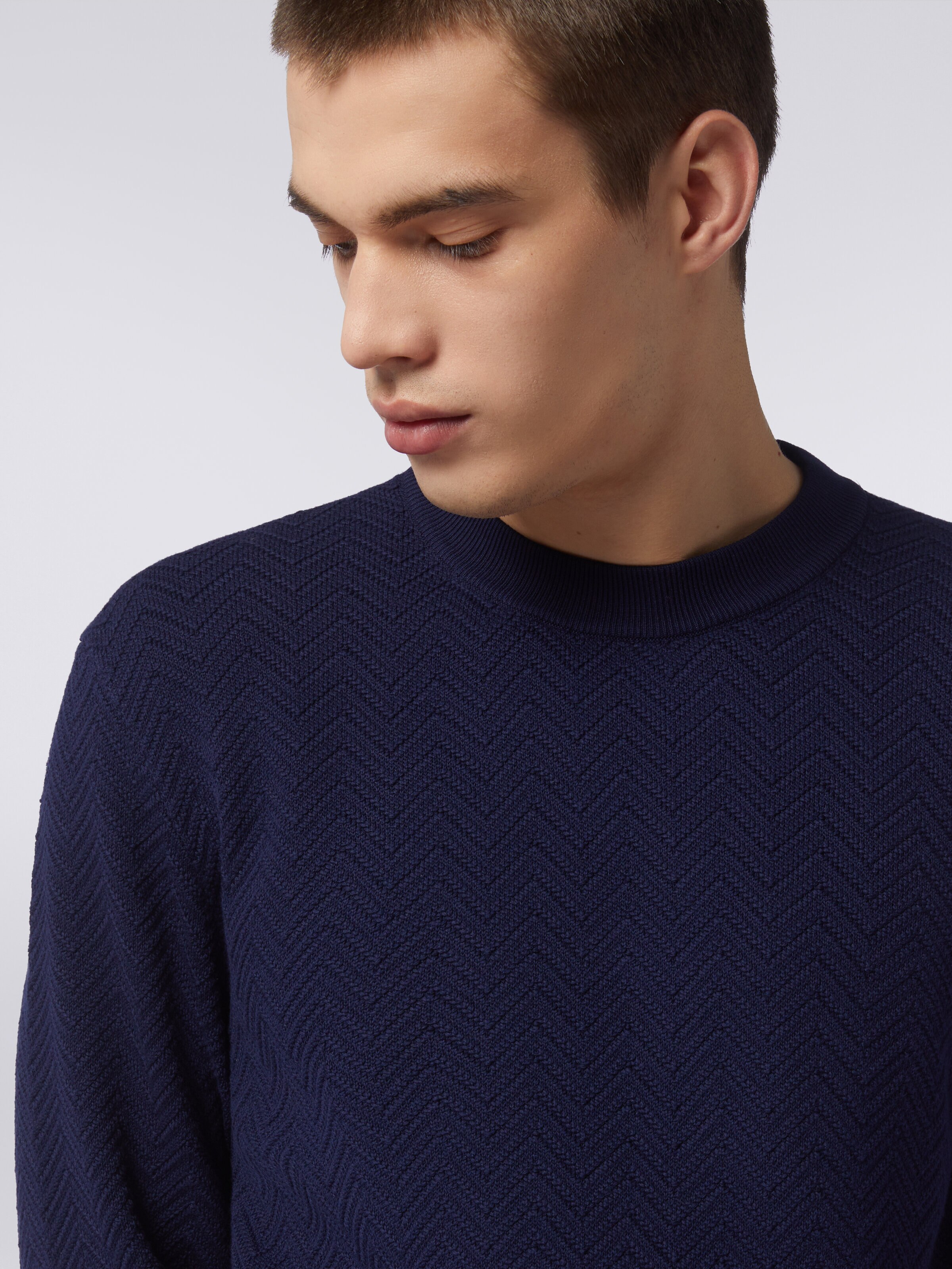 Cotton chevron crew-neck pullover, Blue - 4