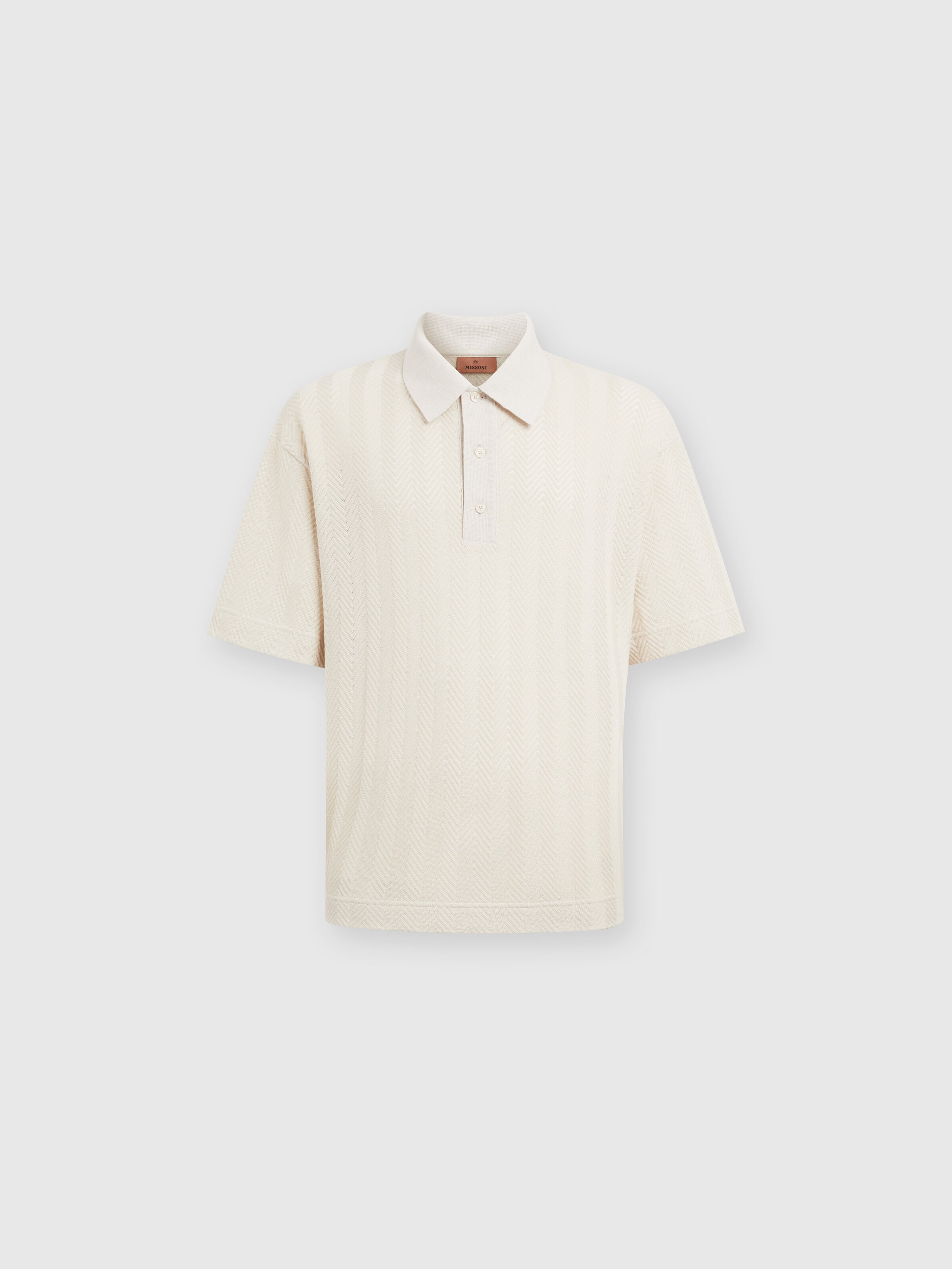 Boxy-fit knit polo shirt with tone-on-tone chevron, Grey - 0