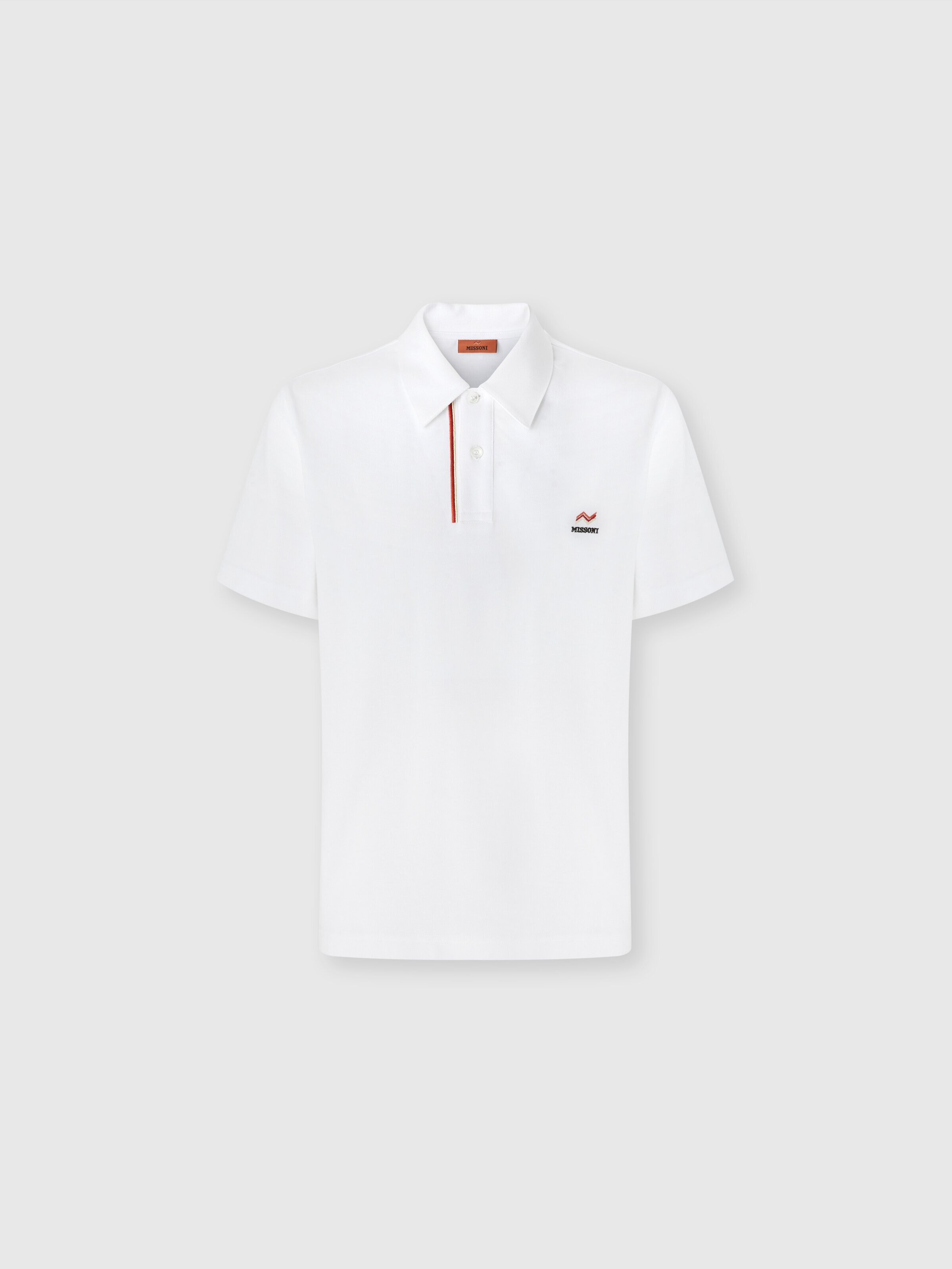 Solid color cotton piqué polo shirt with zigzag embroidery and contrasting detail, White  - 0