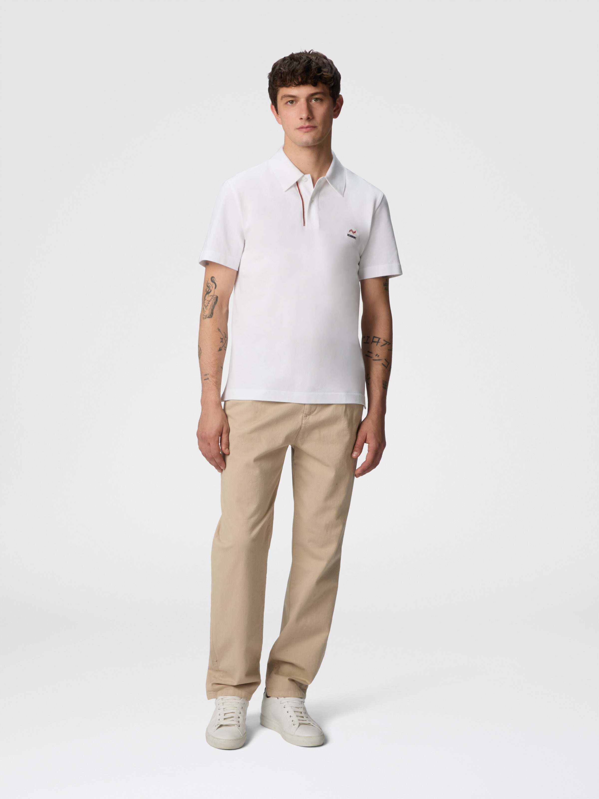 Solid color cotton piqué polo shirt with zigzag embroidery and contrasting detail, White  - 1