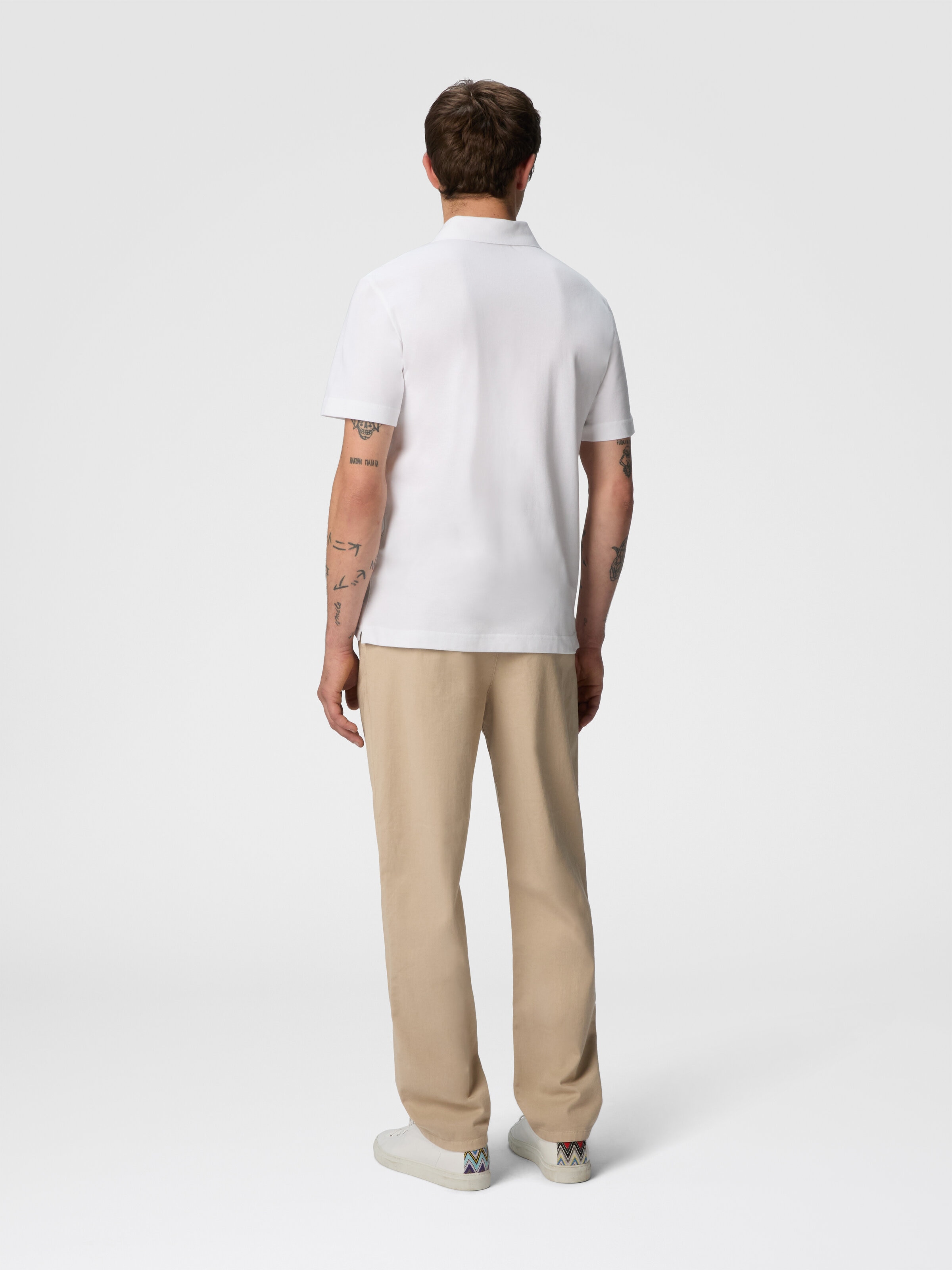 Solid color cotton piqué polo shirt with zigzag embroidery and contrasting detail, White  - 2