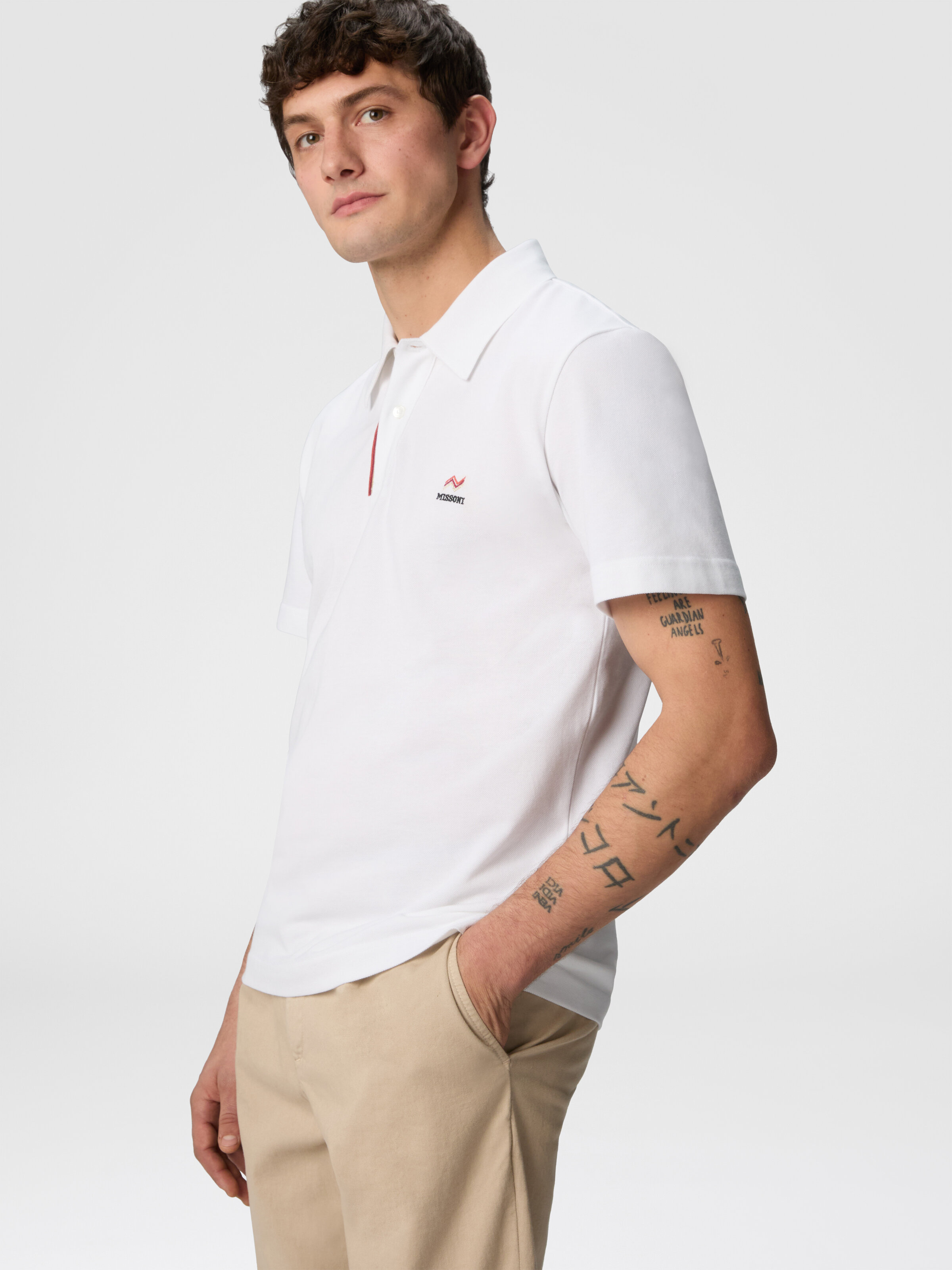 Solid color cotton piqué polo shirt with zigzag embroidery and contrasting detail, White  - 3