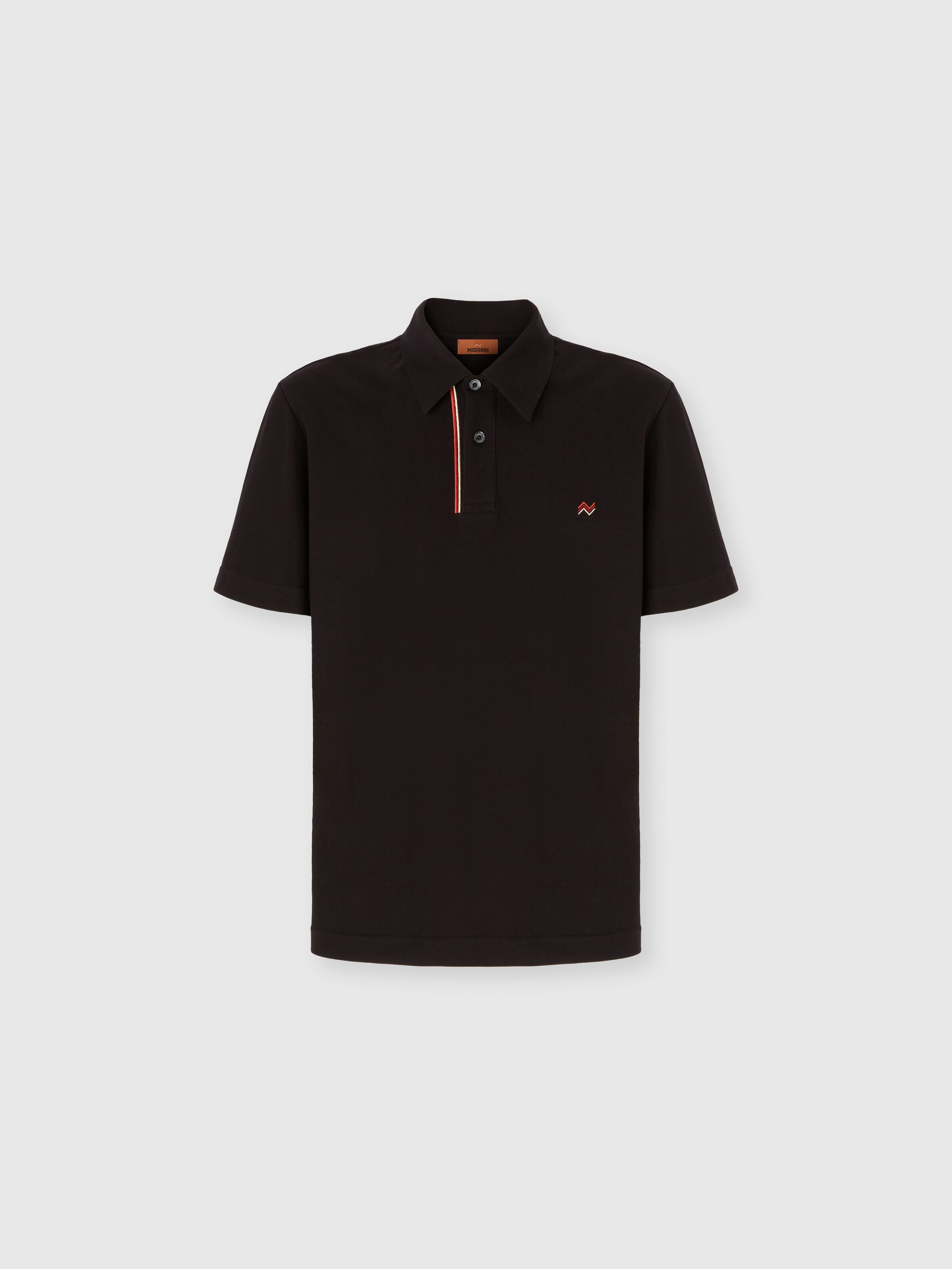 Solid color cotton piqué polo shirt with zigzag embroidery and contrasting detail, Black - 0