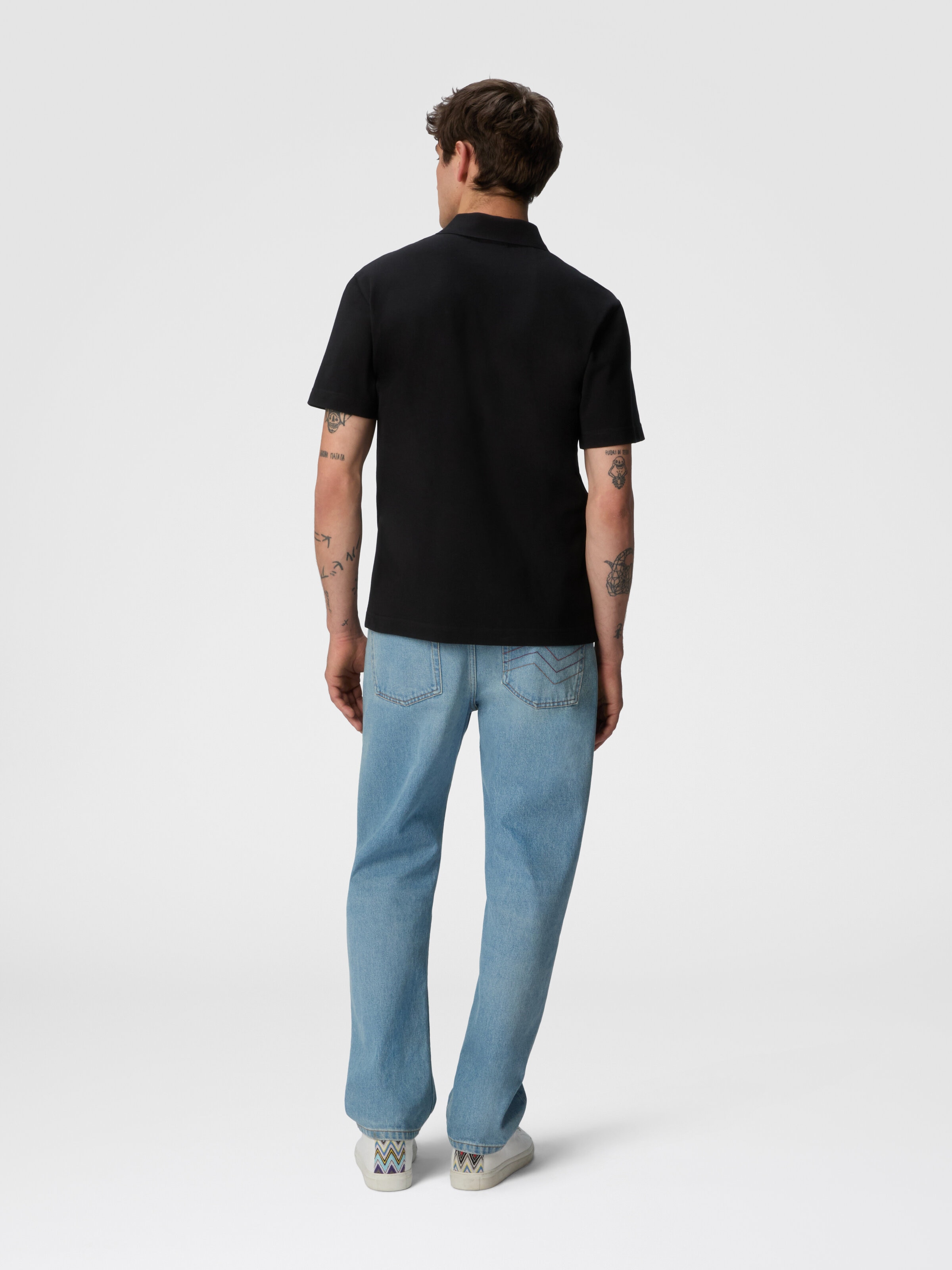 Solid color cotton piqué polo shirt with zigzag embroidery and contrasting detail, Black - 2