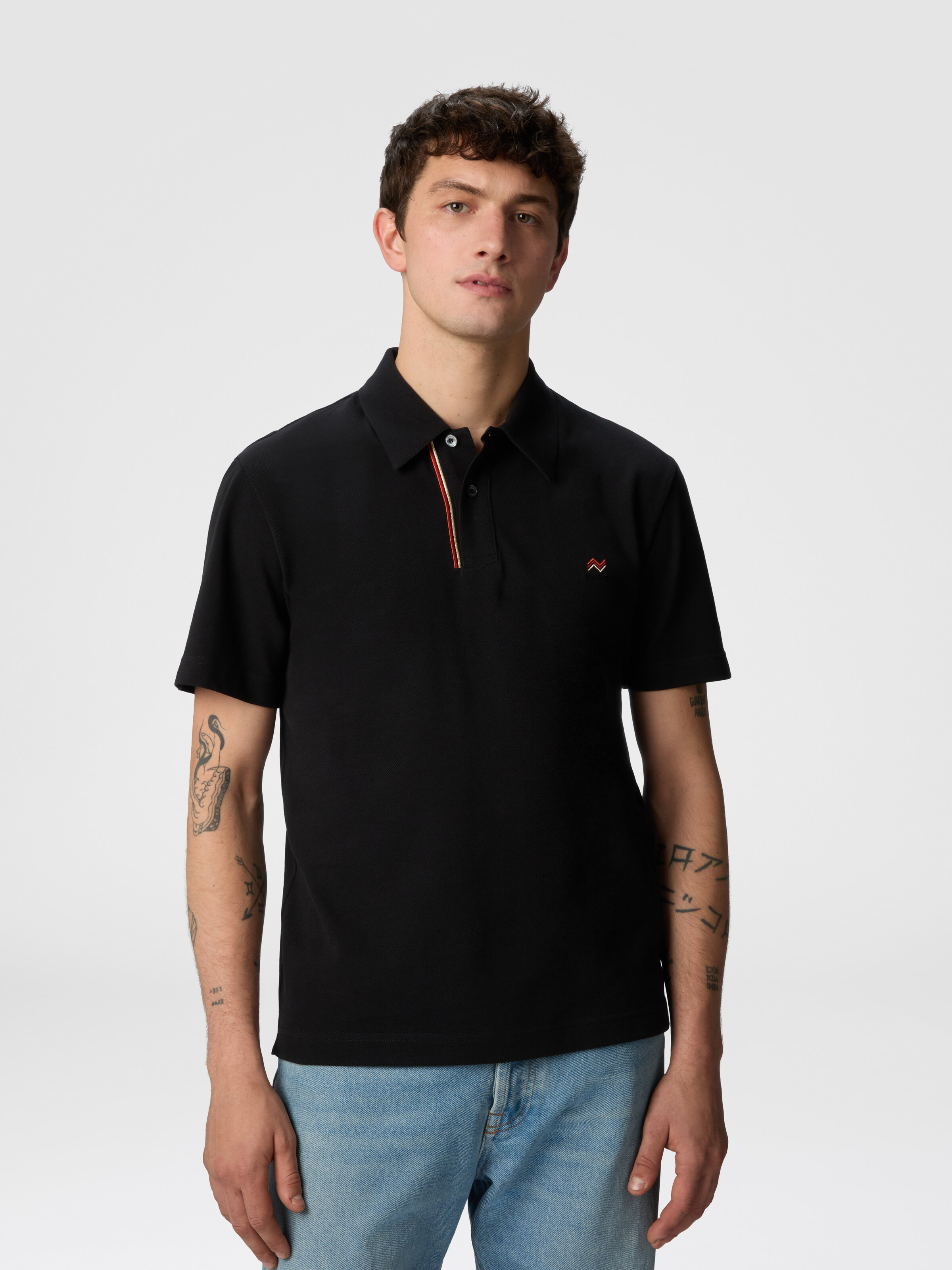 Solid color cotton piqué polo shirt with zigzag embroidery and contrasting detail, Black - 3