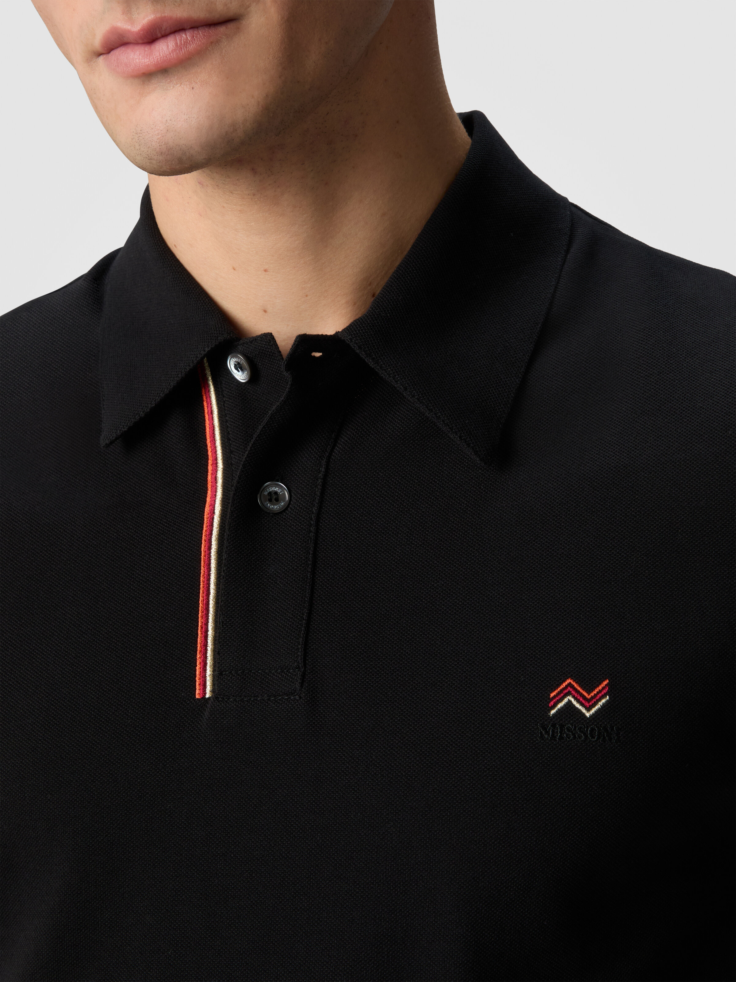 Solid color cotton piqué polo shirt with zigzag embroidery and contrasting detail, Black - 4