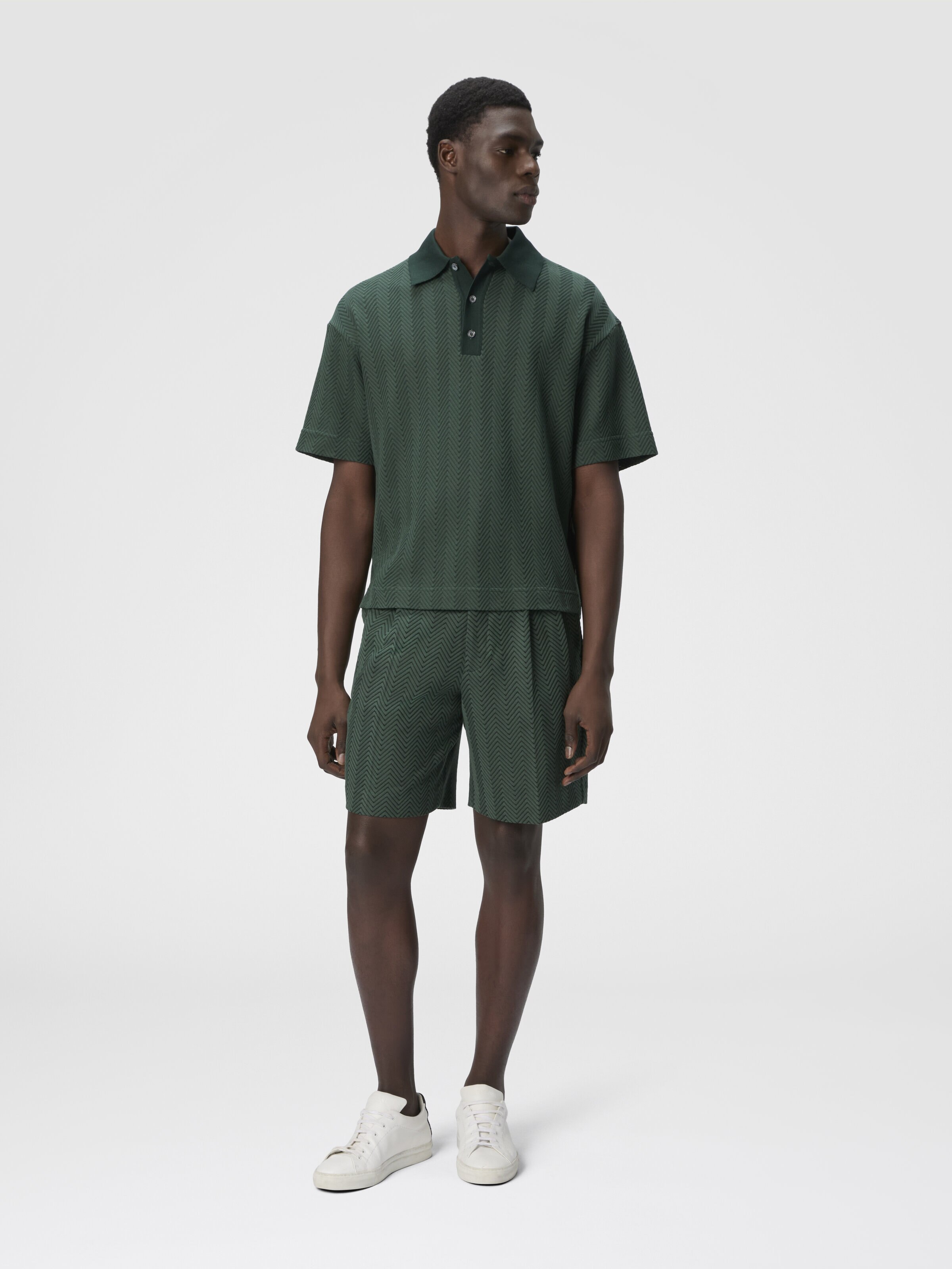 Pantalón corto de algodón y viscosa con zigzag tonal, Verde  - 1