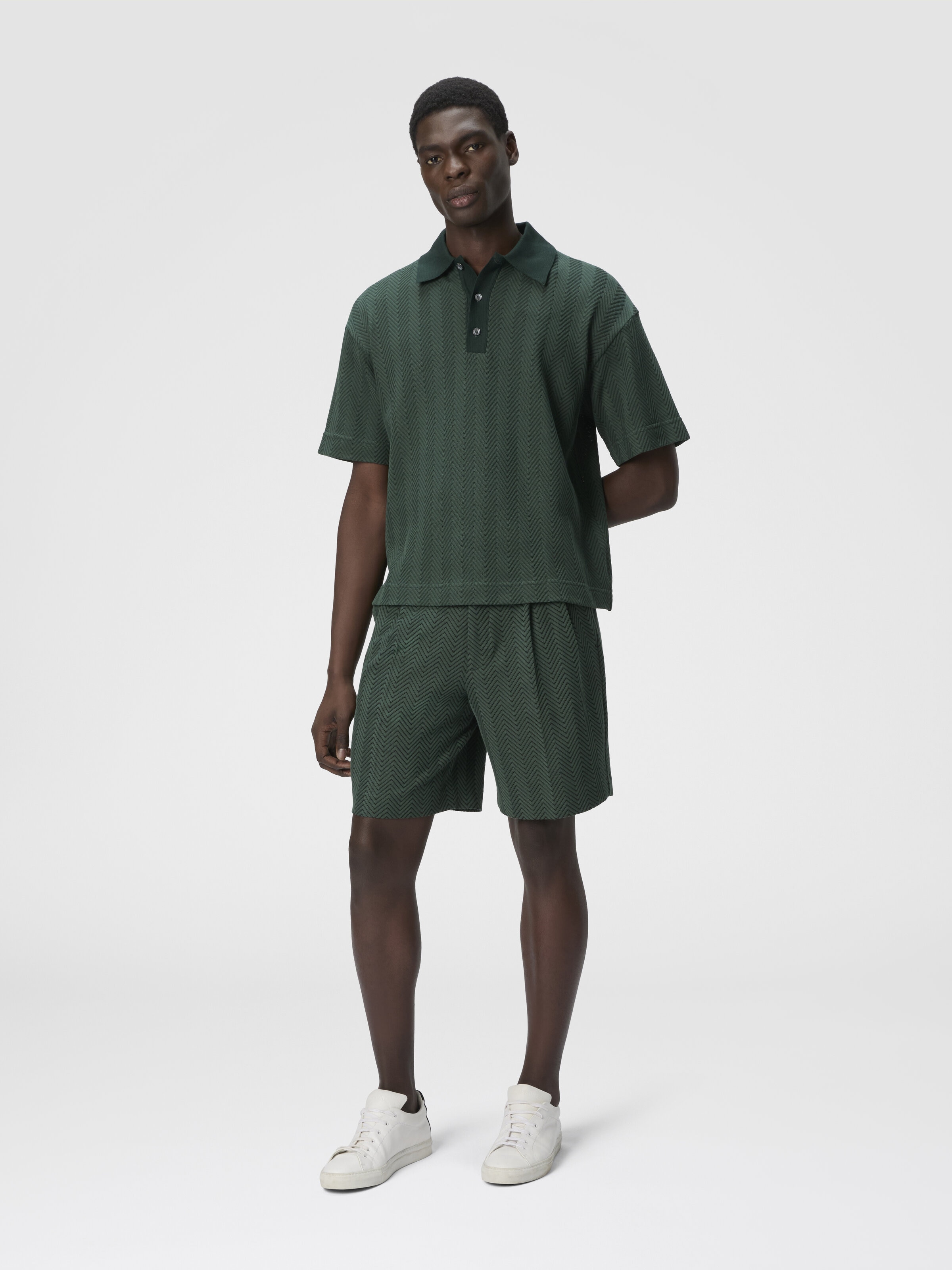 Pantalón corto de algodón y viscosa con zigzag tonal, Verde  - 3