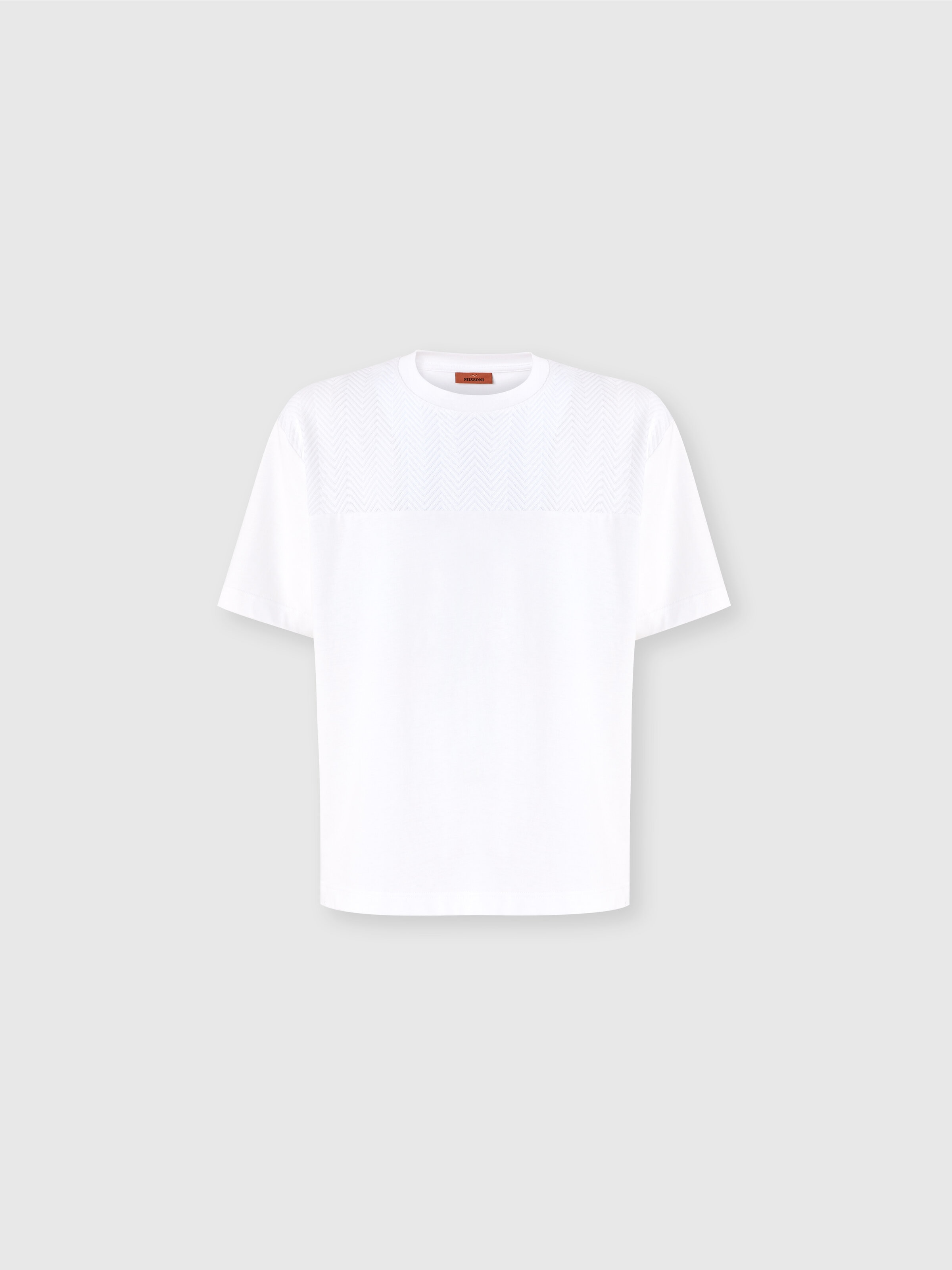 T-shirt ras du cou en coton avec empiècement en zigzag ton sur ton, Blanc  - 0