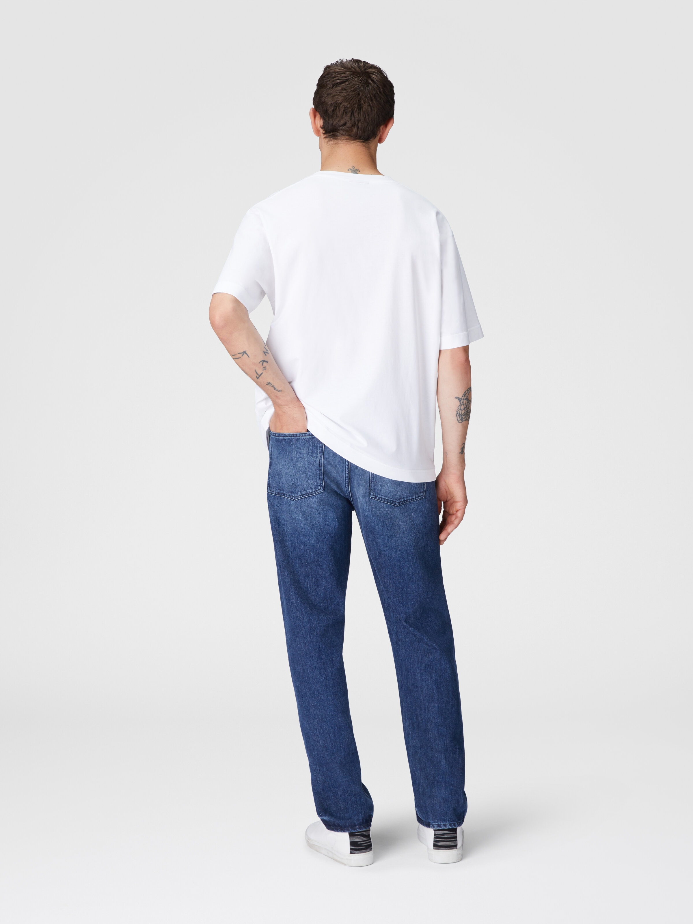 T-shirt ras du cou en coton avec empiècement en zigzag ton sur ton, Blanc  - 2