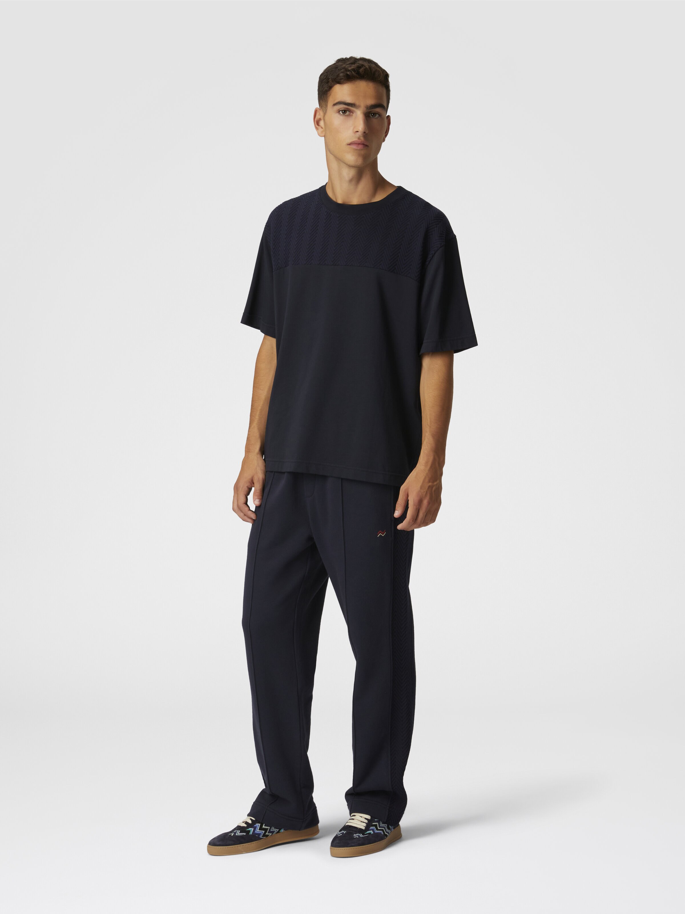コットンクルーネックTシャツ、トーンオントーンジグザグインサート付き, ブルー - 1