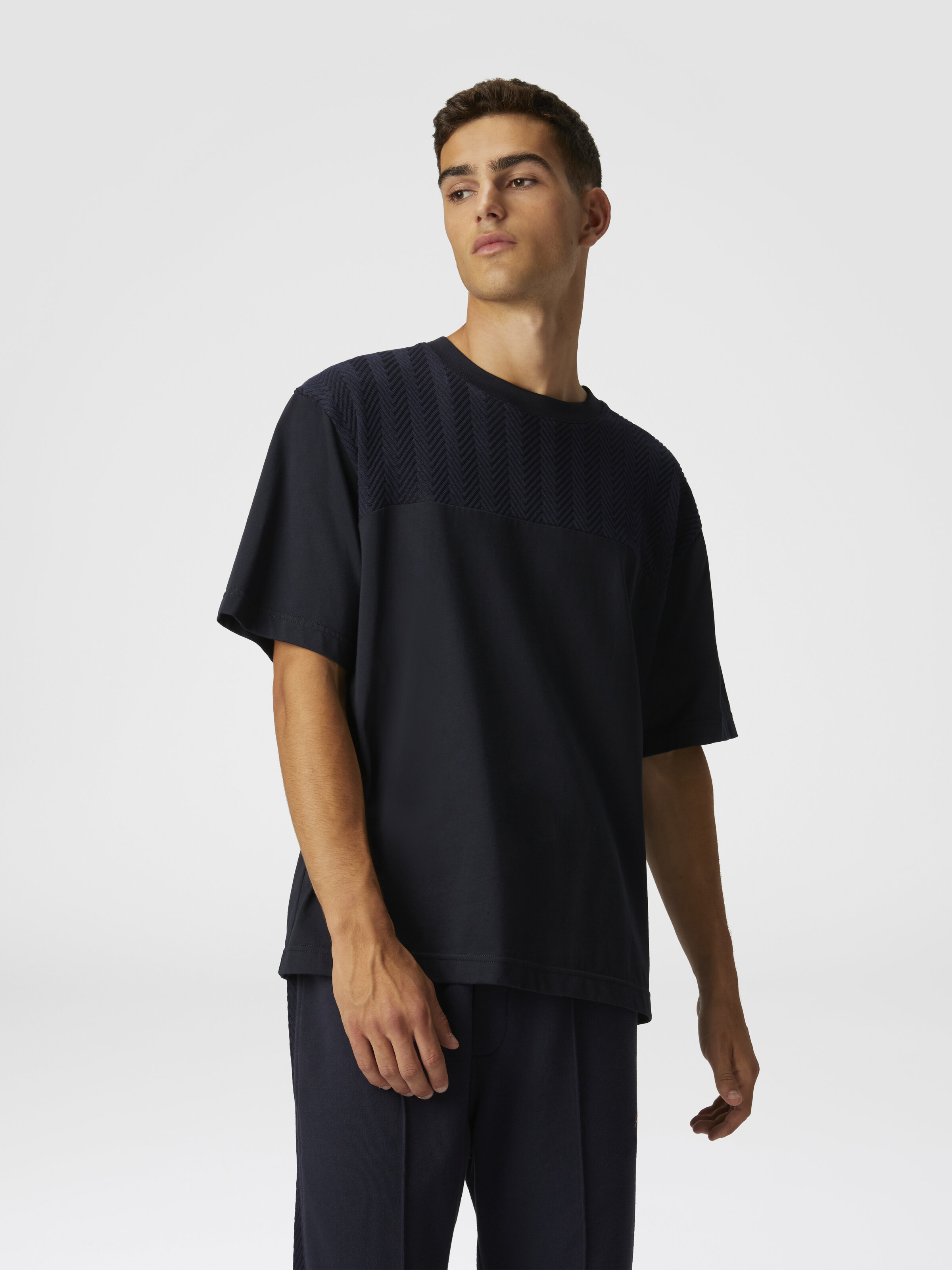 コットンクルーネックTシャツ、トーンオントーンジグザグインサート付き, ブルー - 3