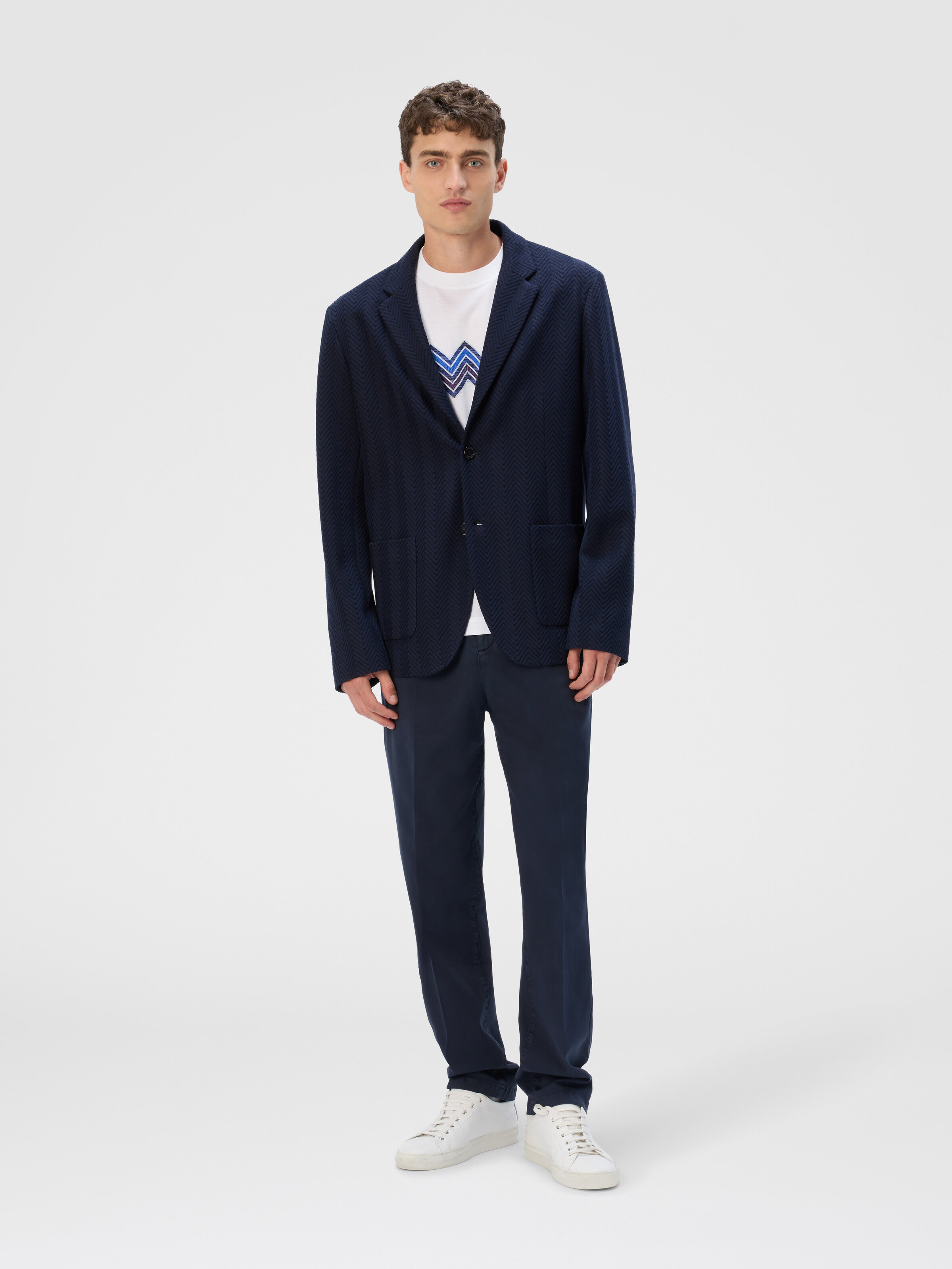 Single-Breasted Jacket with Zigzag Pattern, Blue - 1
