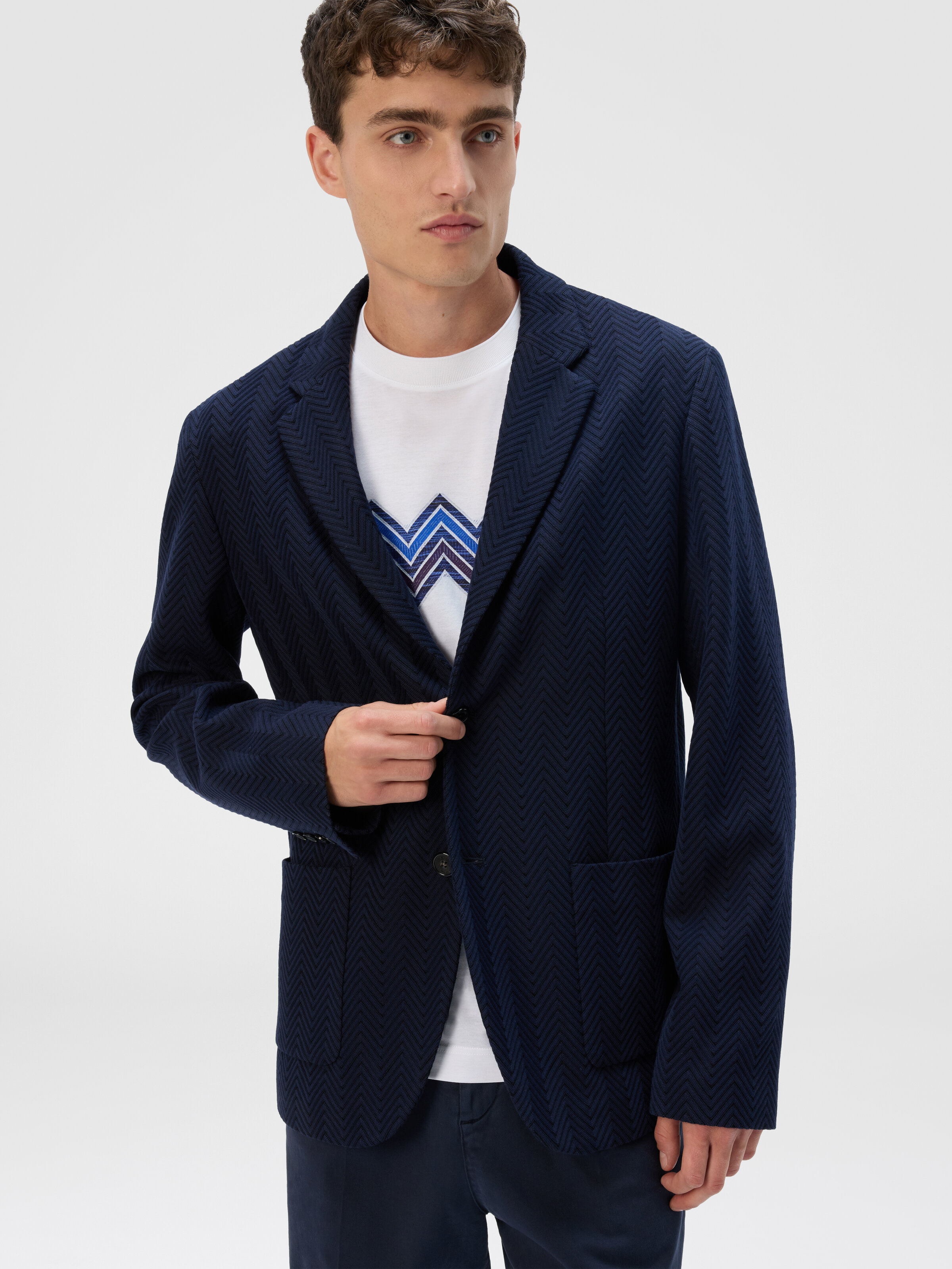 Single-Breasted Jacket with Zigzag Pattern, Blue - 3