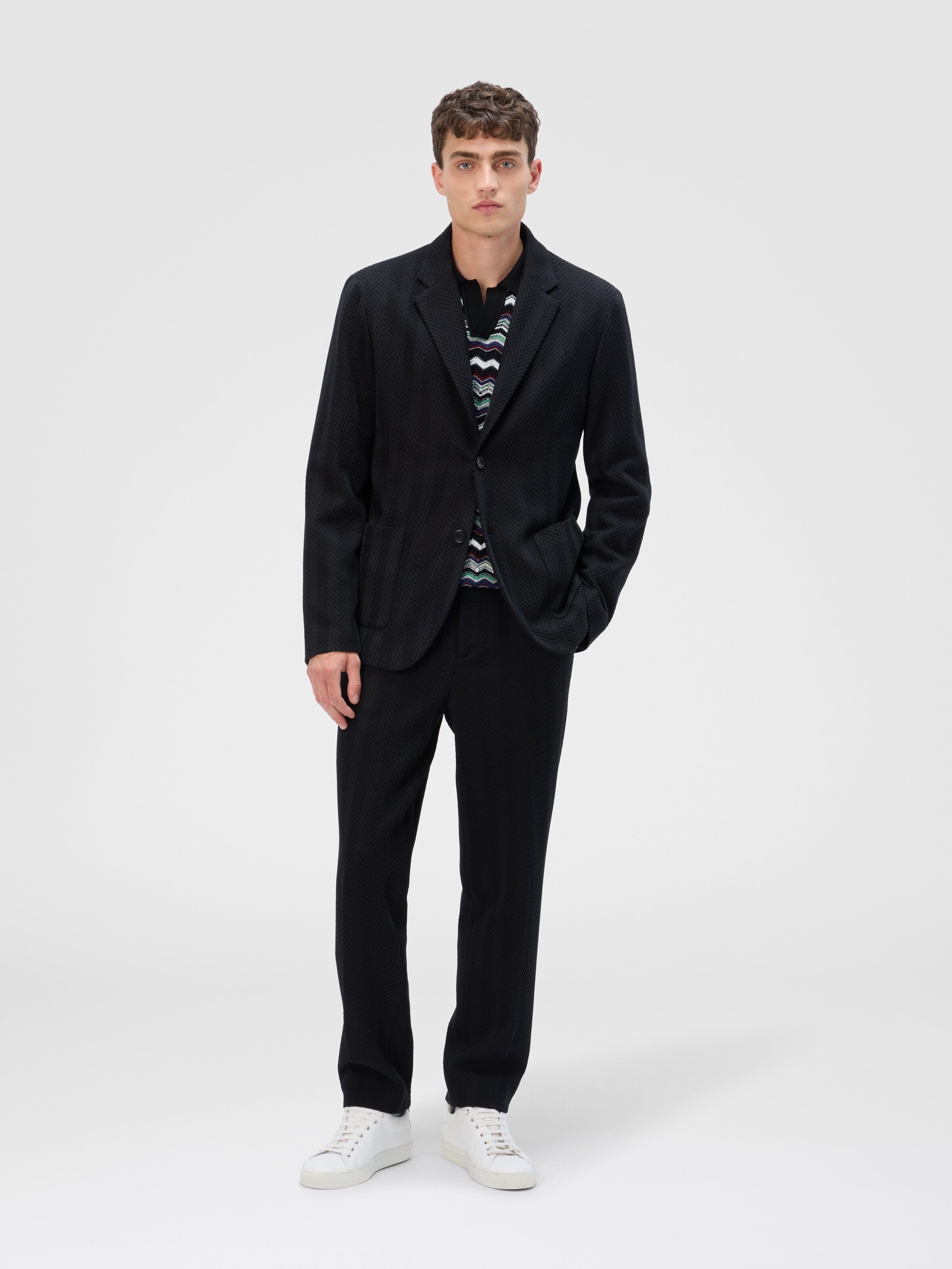Single-Breasted Jacket with Zigzag Pattern, Black - 1