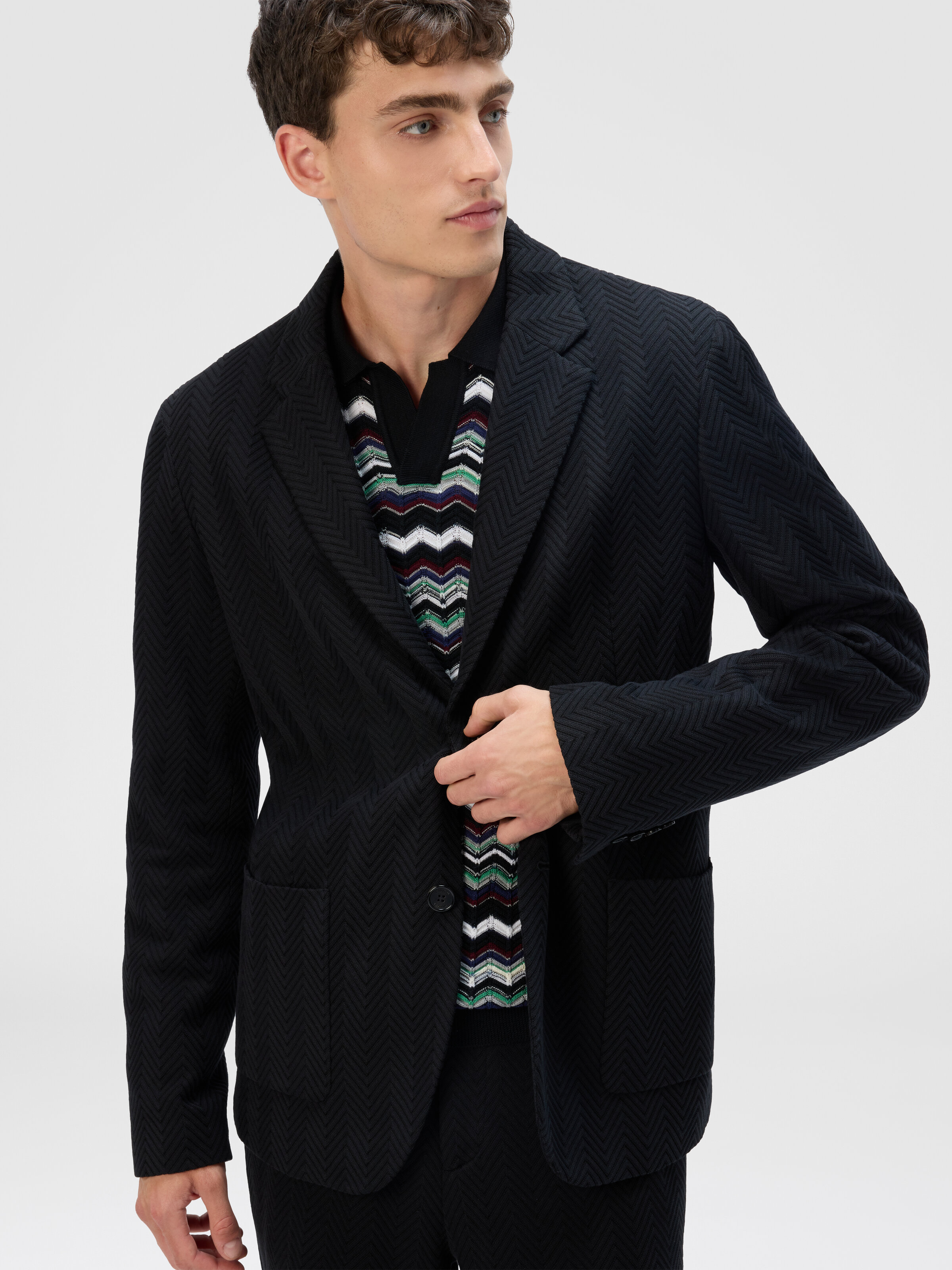 Single-Breasted Jacket with Zigzag Pattern, Black - 3