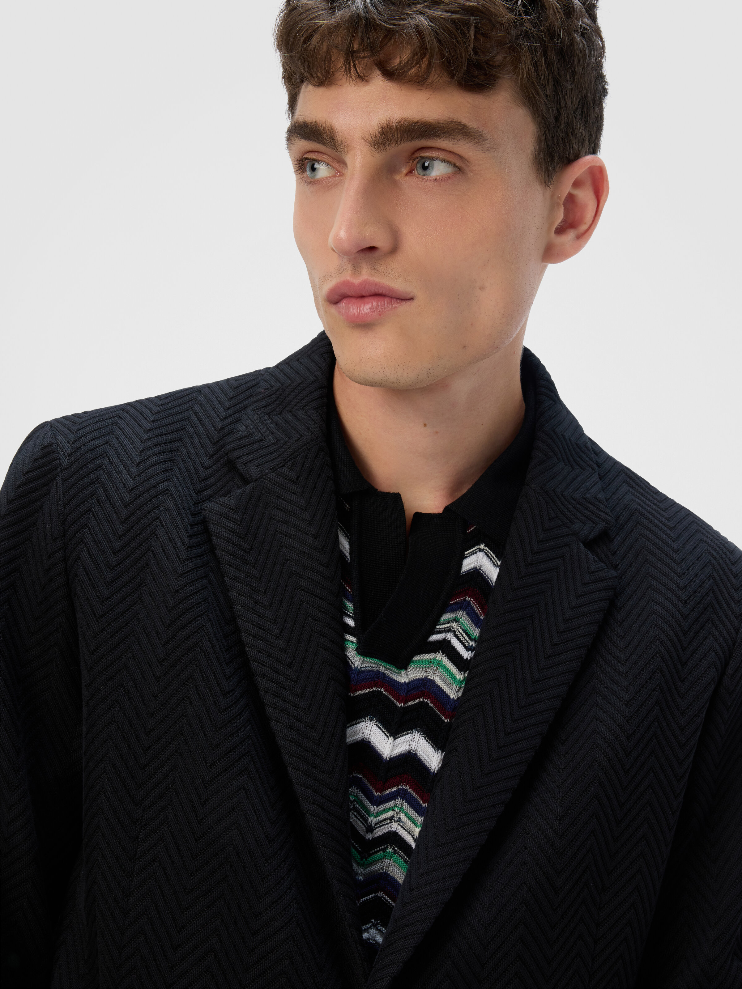 Single-Breasted Jacket with Zigzag Pattern, Black - 4