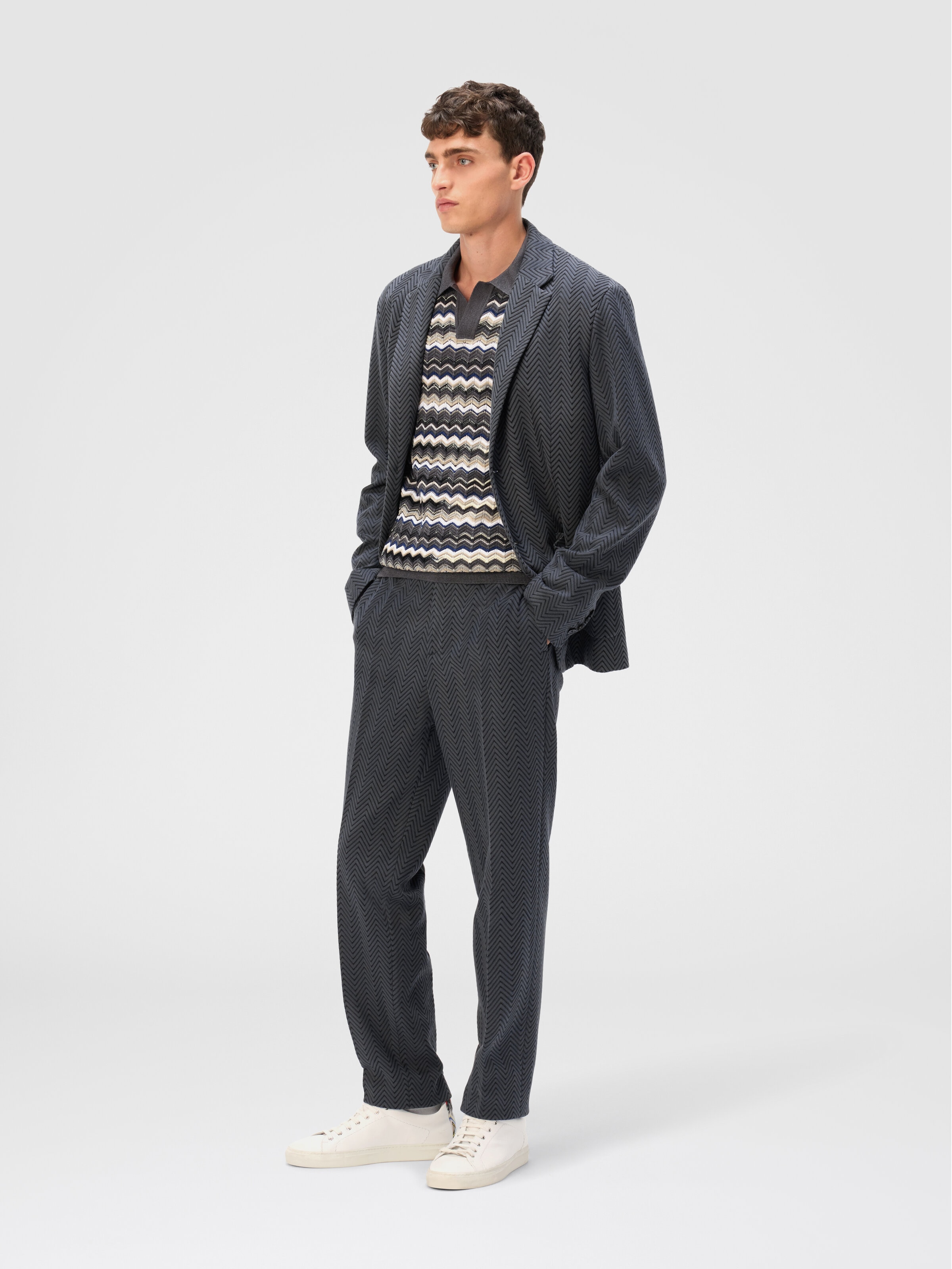 Single-Breasted Jacket with Zigzag Pattern, Grey - 1