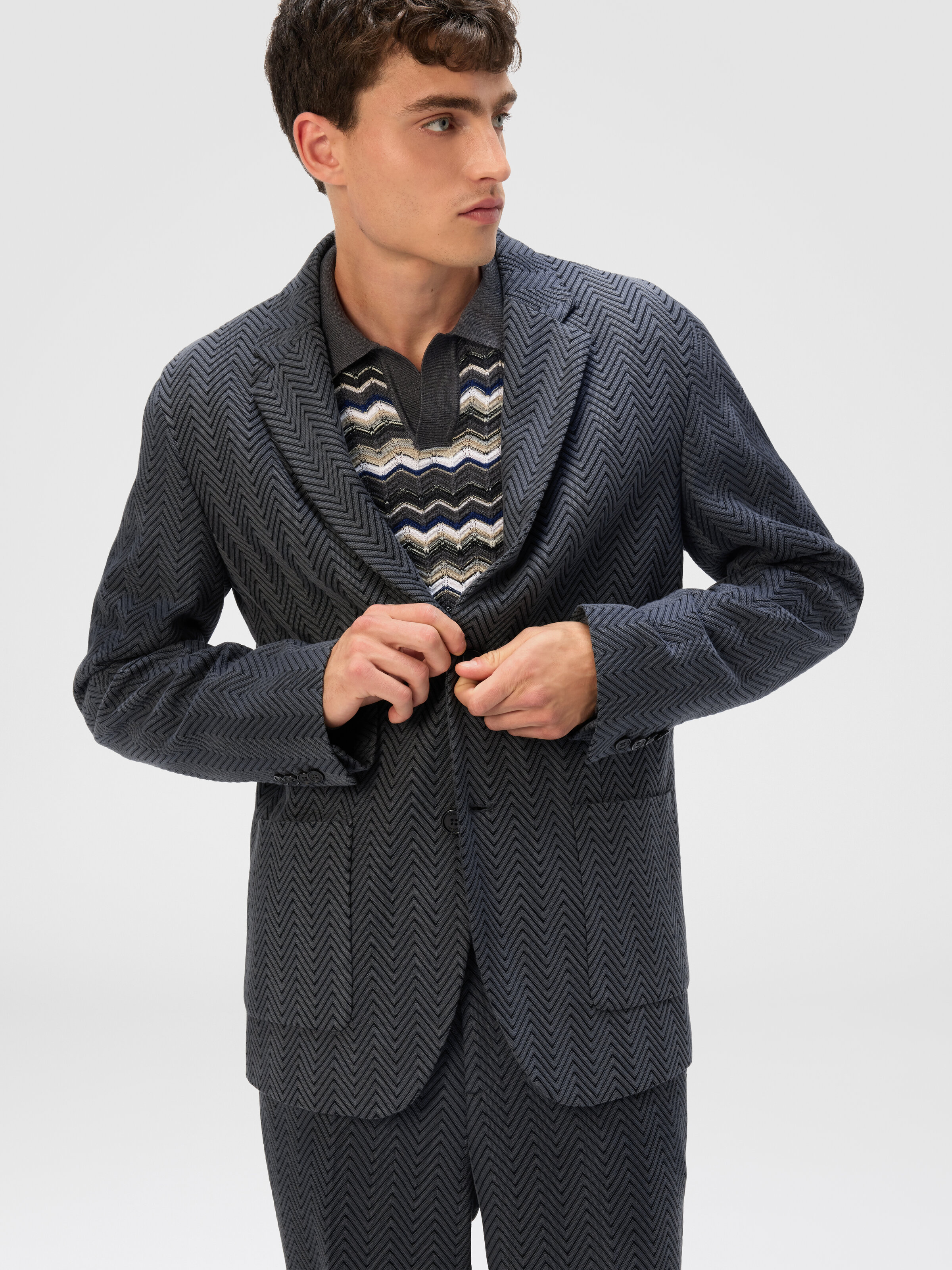 Single-Breasted Jacket with Zigzag Pattern, Grey - 3