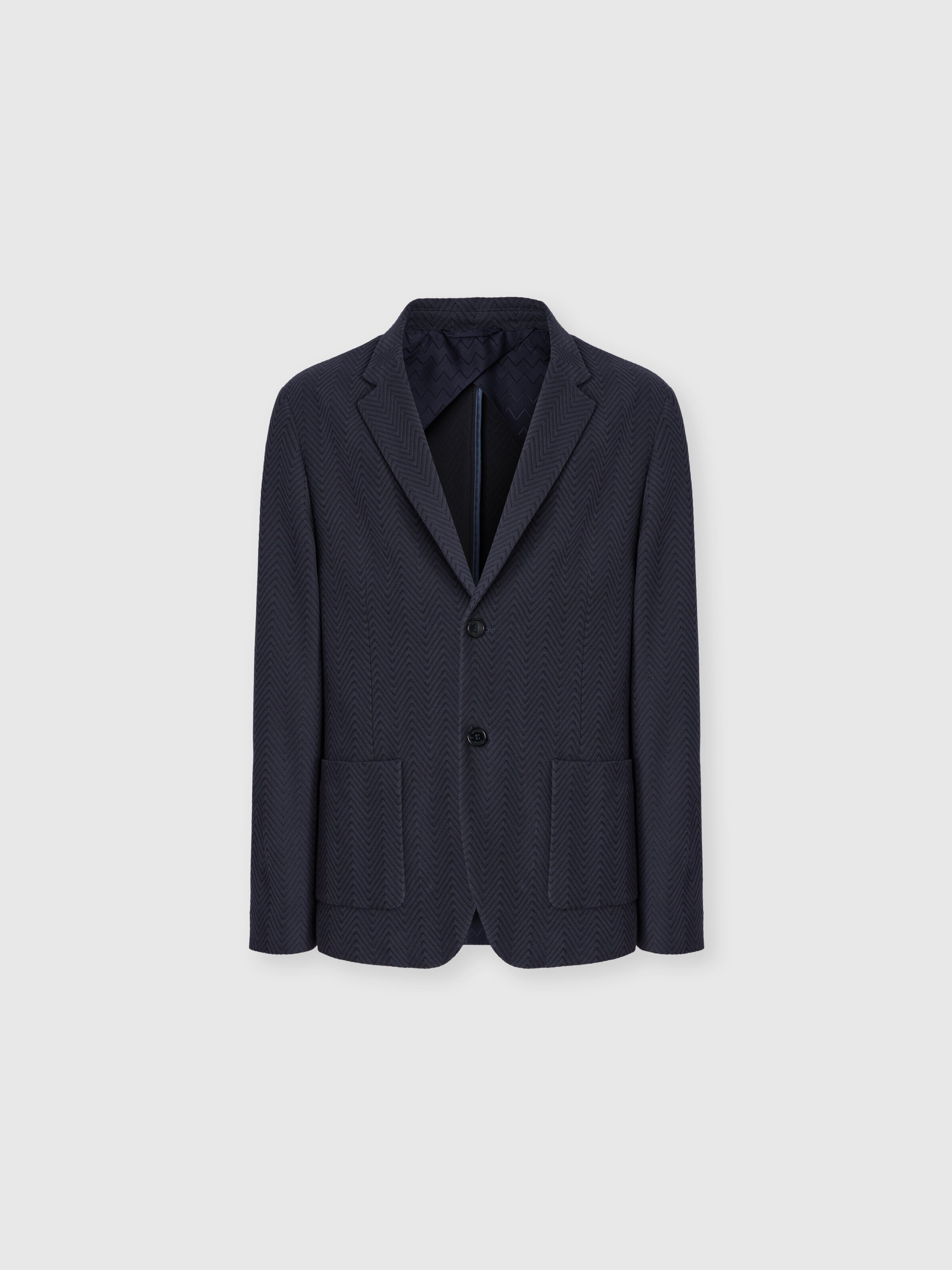 Single-breasted blazer in cotton and viscose with tone-on-tone zigzag pattern, Blue - 0