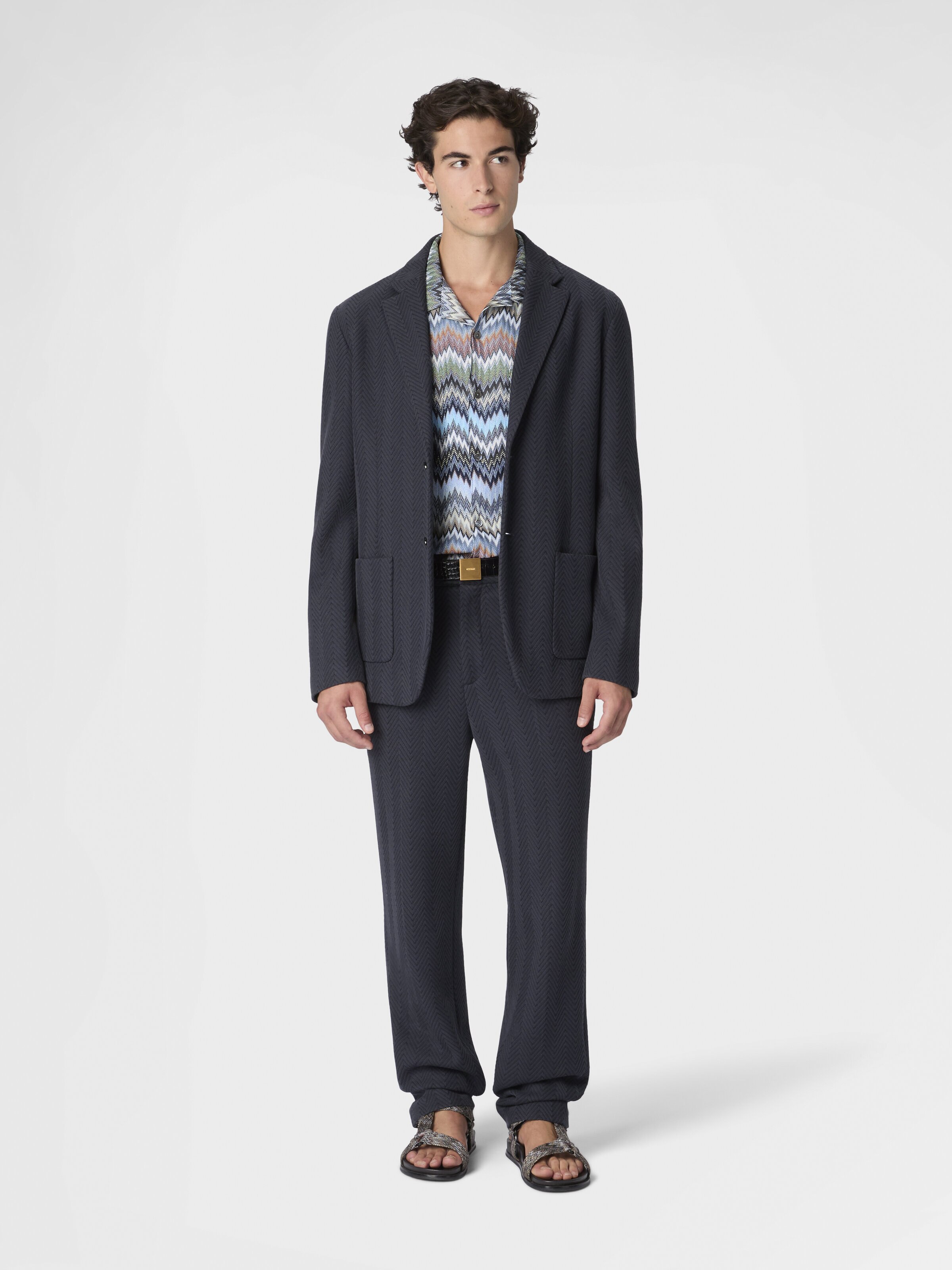 Single-breasted blazer in cotton and viscose with tone-on-tone zigzag pattern, Blue - 1