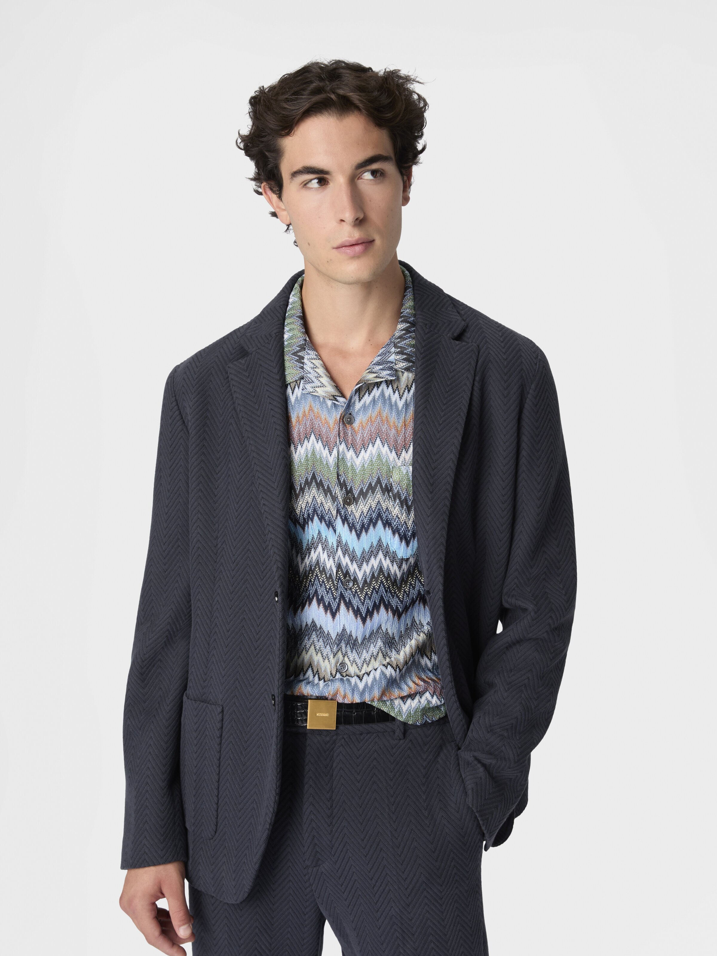 Single-breasted blazer in cotton and viscose with tone-on-tone zigzag pattern, Blue - 3