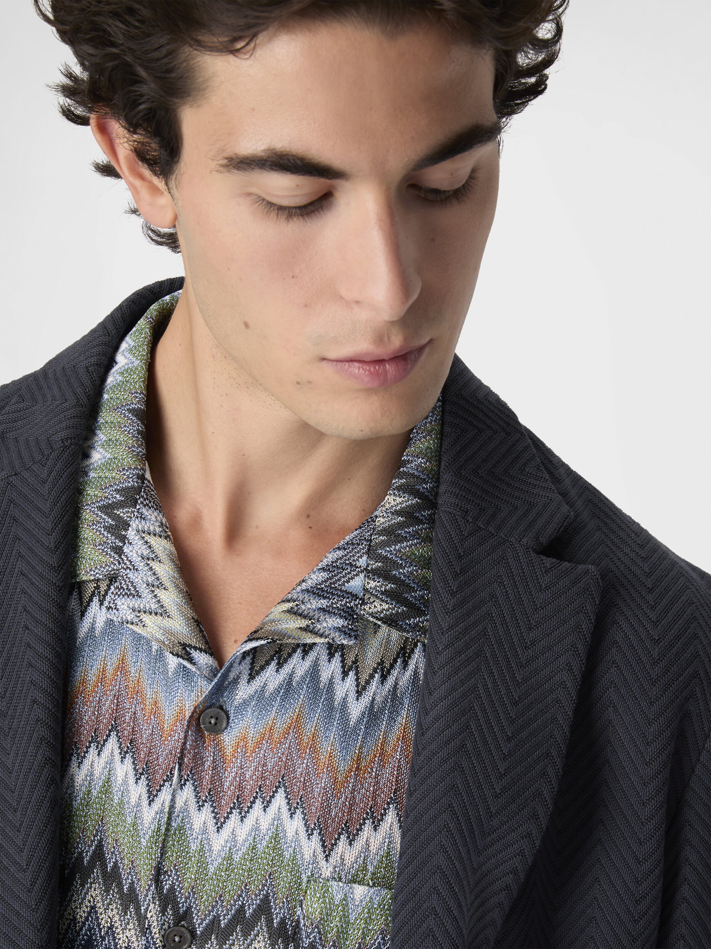 Single-breasted blazer in cotton and viscose with tone-on-tone zigzag pattern, Blue - 4
