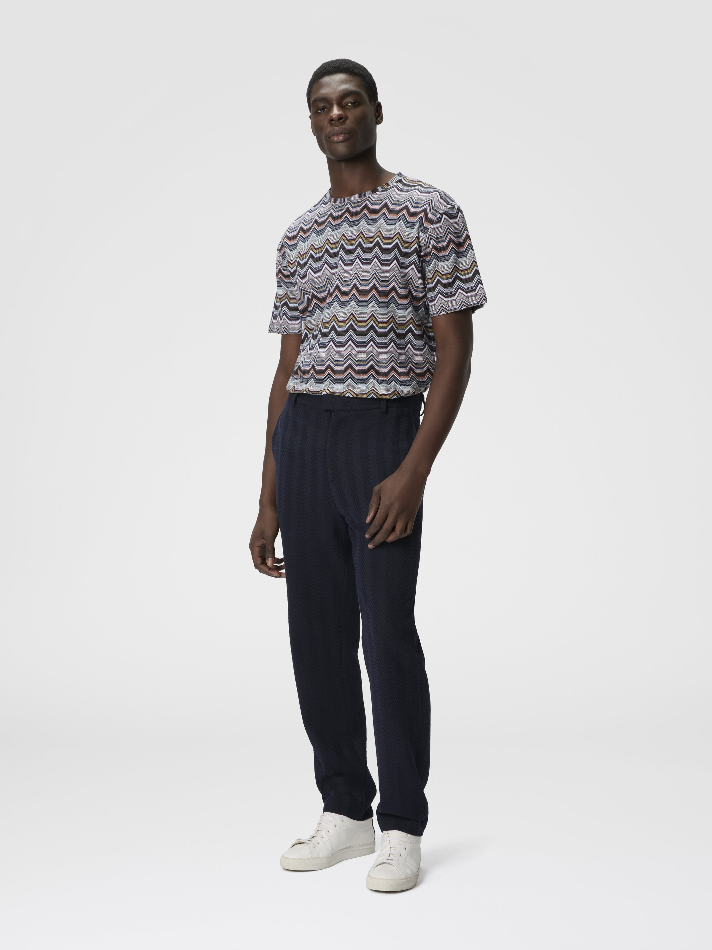Pantalones rectos con motivo zigzag, Azul Oscuro - 1