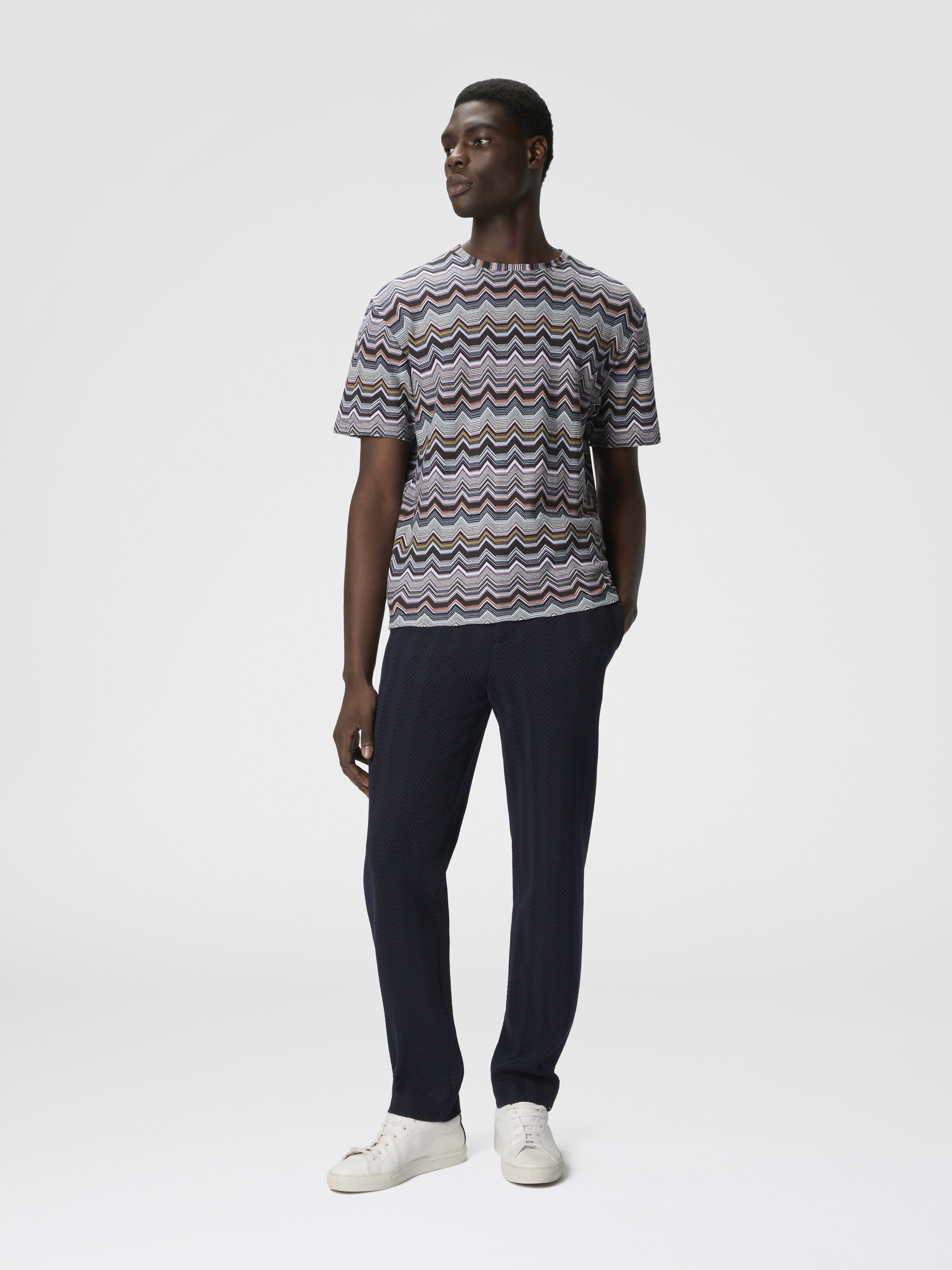 Pantalones rectos con motivo zigzag, Azul Oscuro - 3