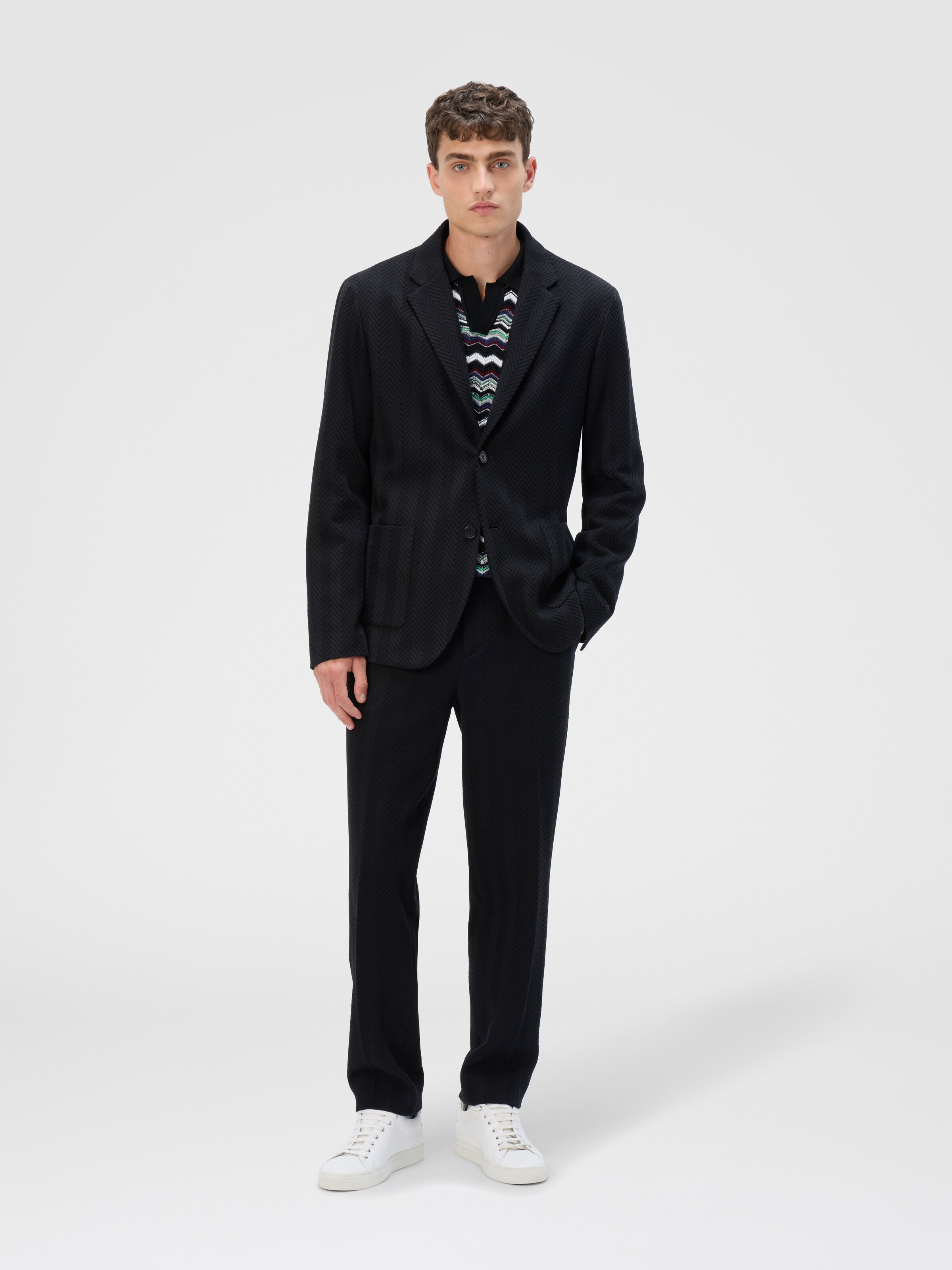 Straight Pants with Zigzag Pattern, Black - 1