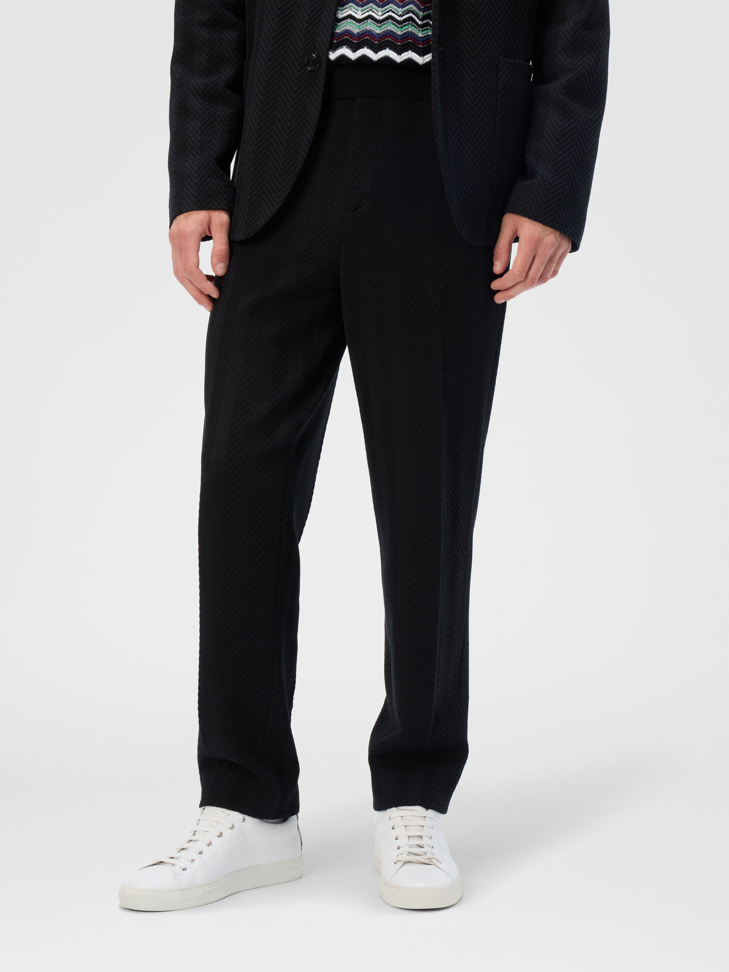 Straight Pants with Zigzag Pattern, Black - 3