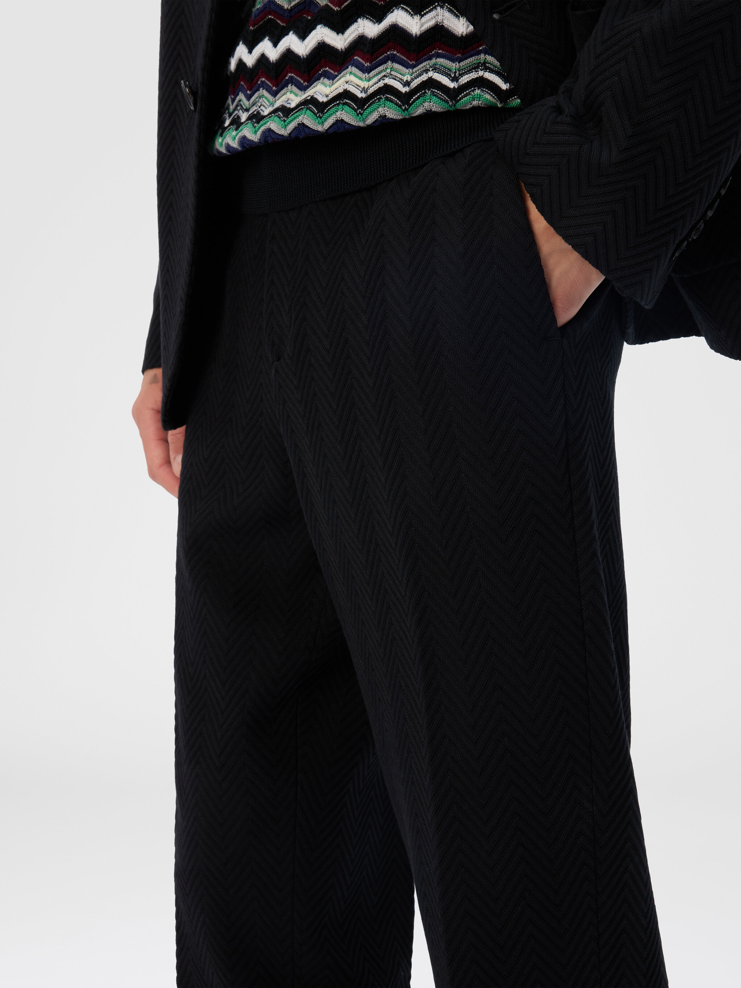 Straight Pants with Zigzag Pattern, Black - 4