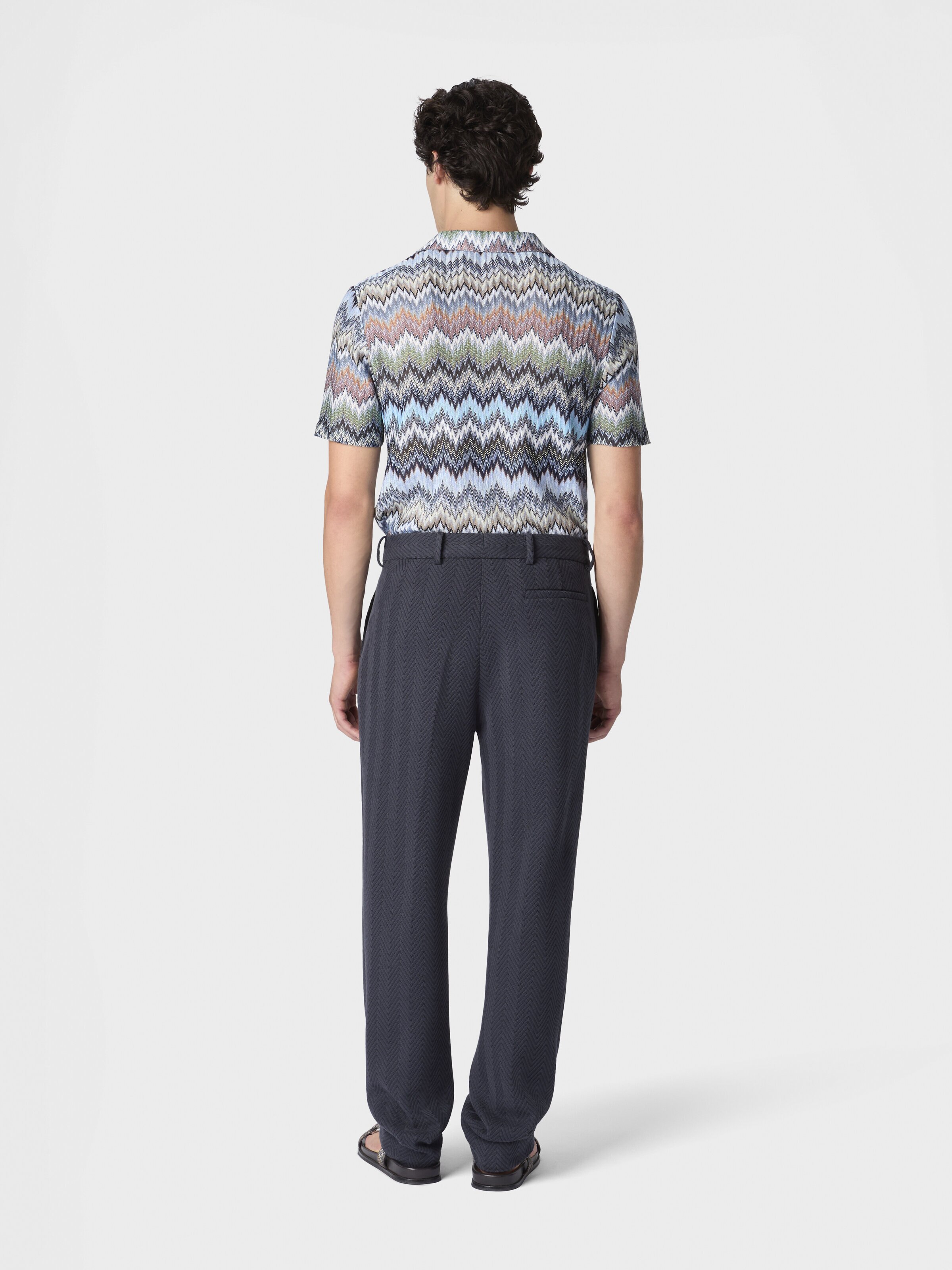 Pantalones clásicos en algodón y viscosa con motivo de zigzag tono sobre tono, Azul Oscuro - 2