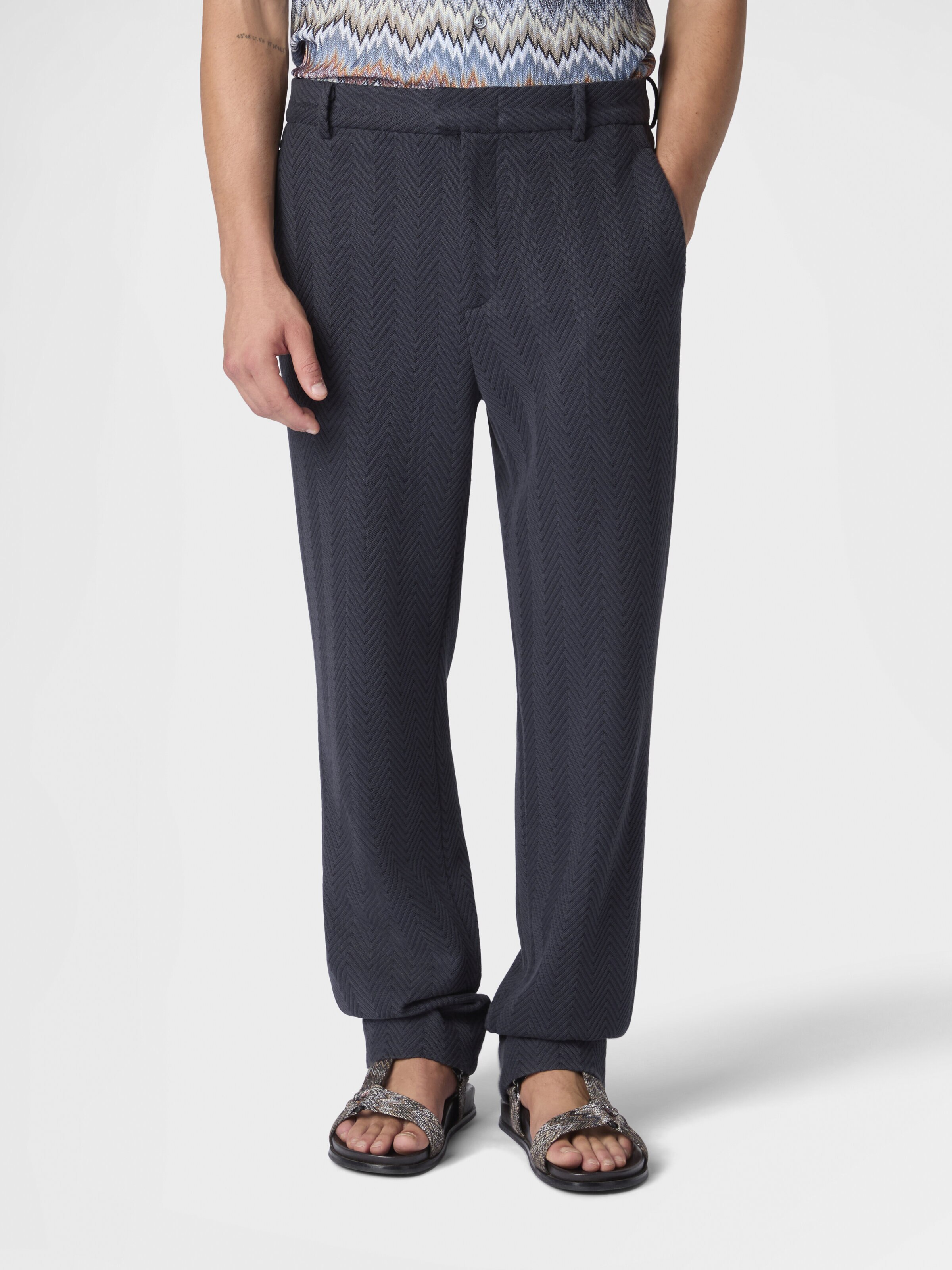 Pantalones clásicos en algodón y viscosa con motivo de zigzag tono sobre tono, Azul Oscuro - 3
