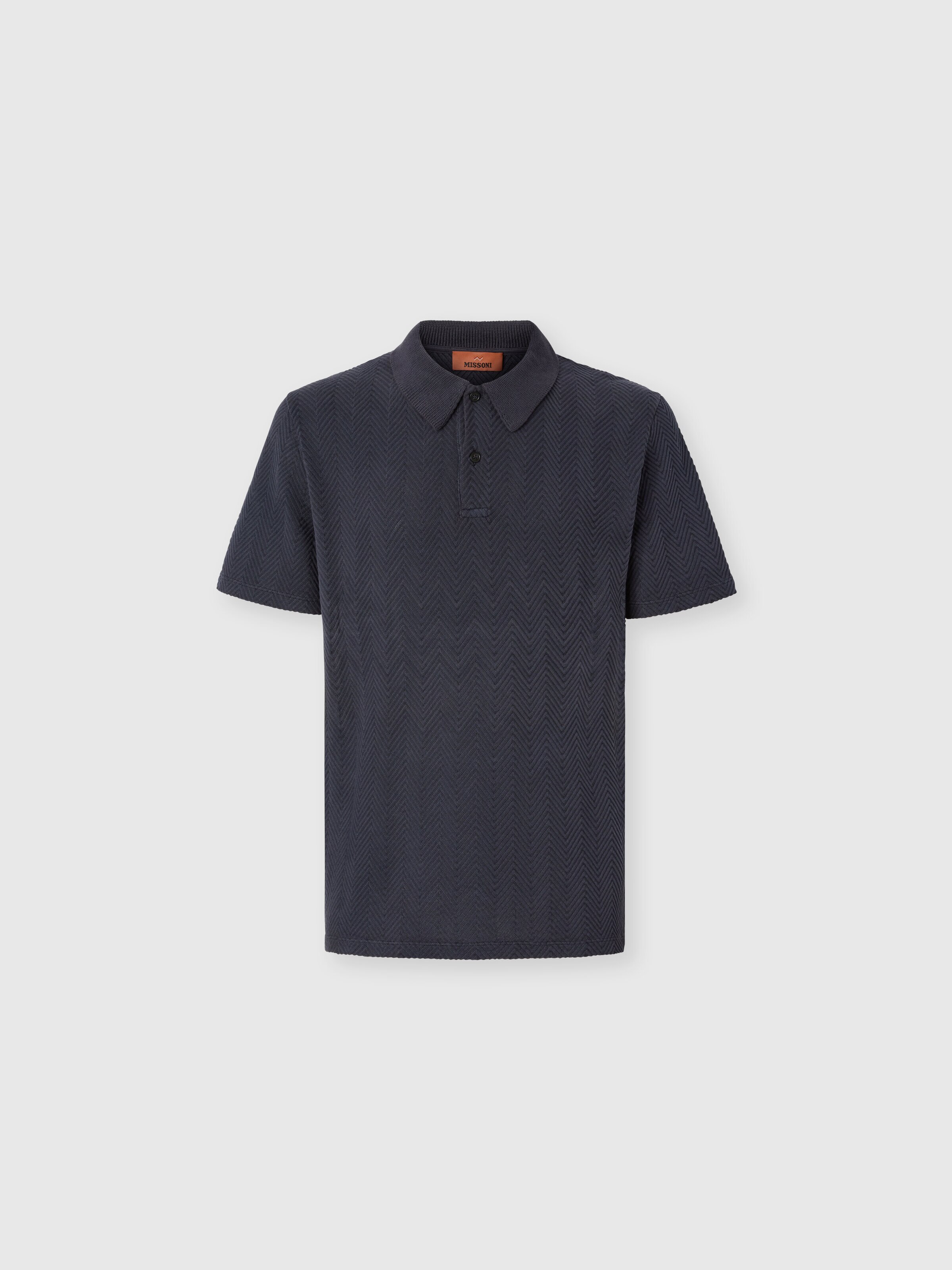Cotton and viscose polo shirt with tone-on-tone zigzag motif, Blue - 0