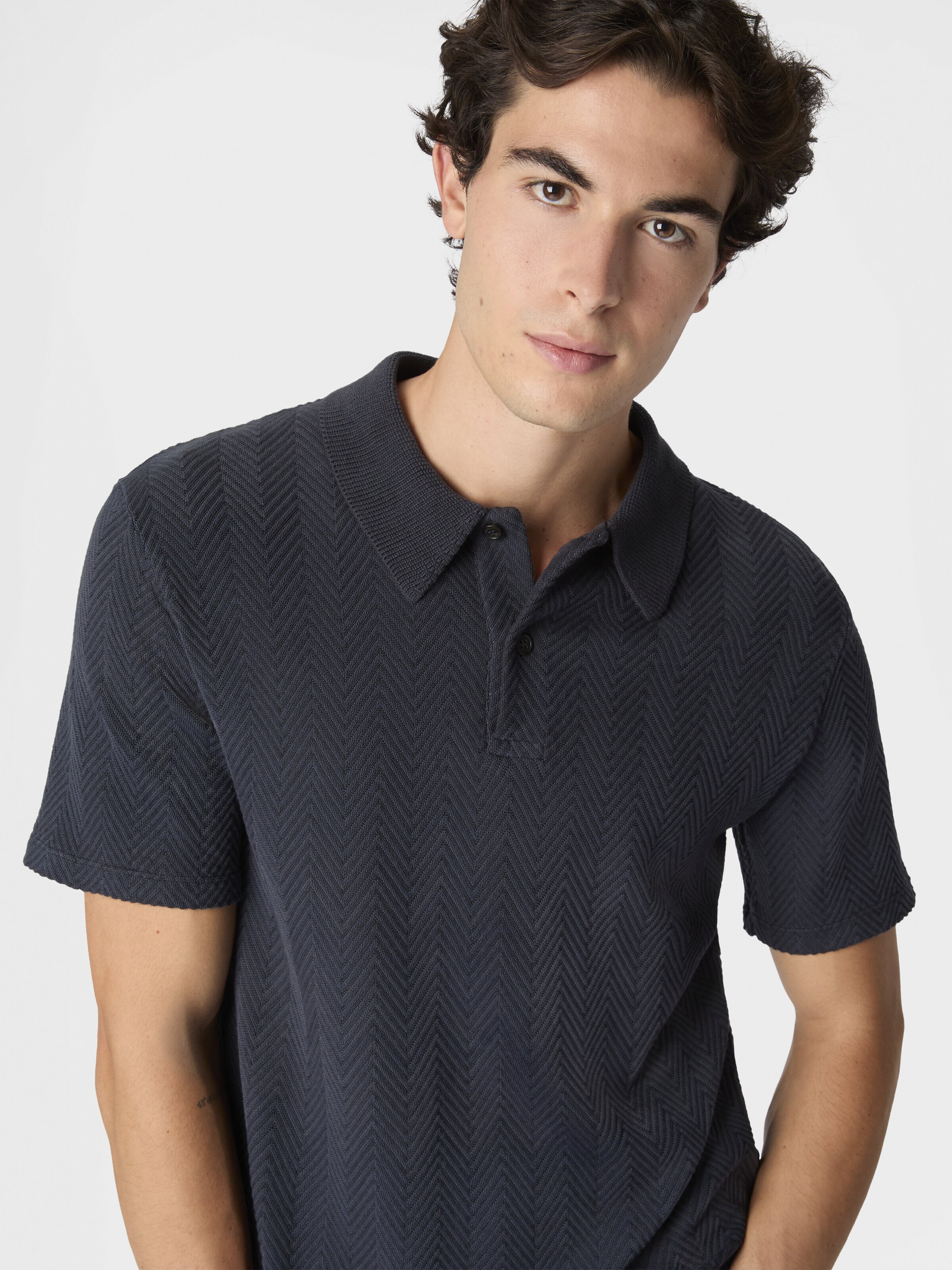 Cotton and viscose polo shirt with tone-on-tone zigzag motif, Blue - 3