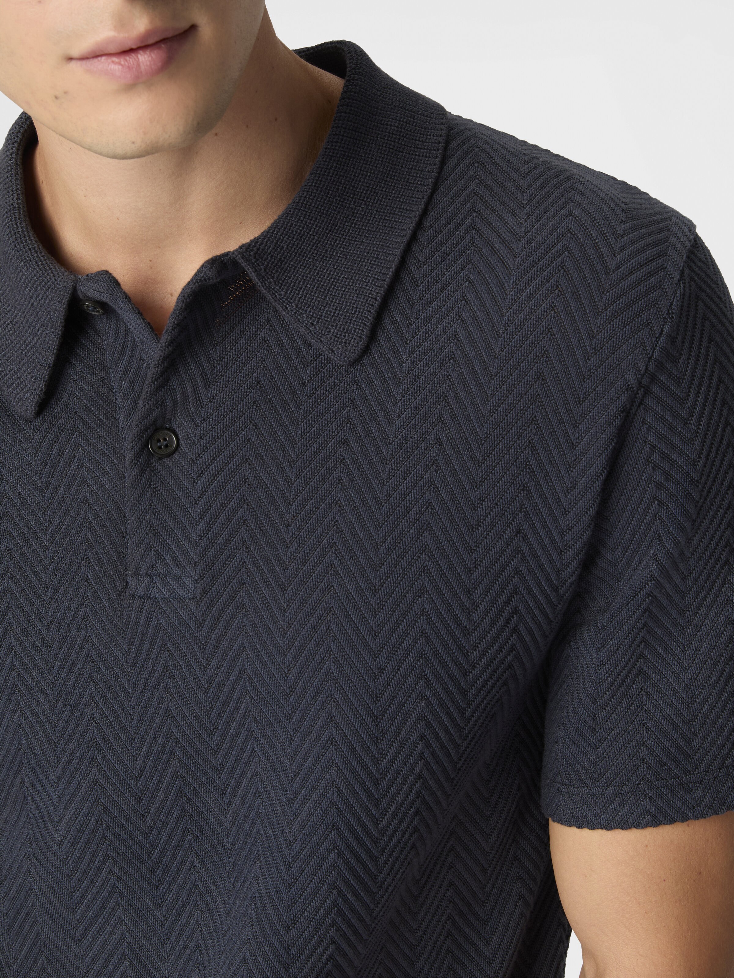 Cotton and viscose polo shirt with tone-on-tone zigzag motif, Blue - 4