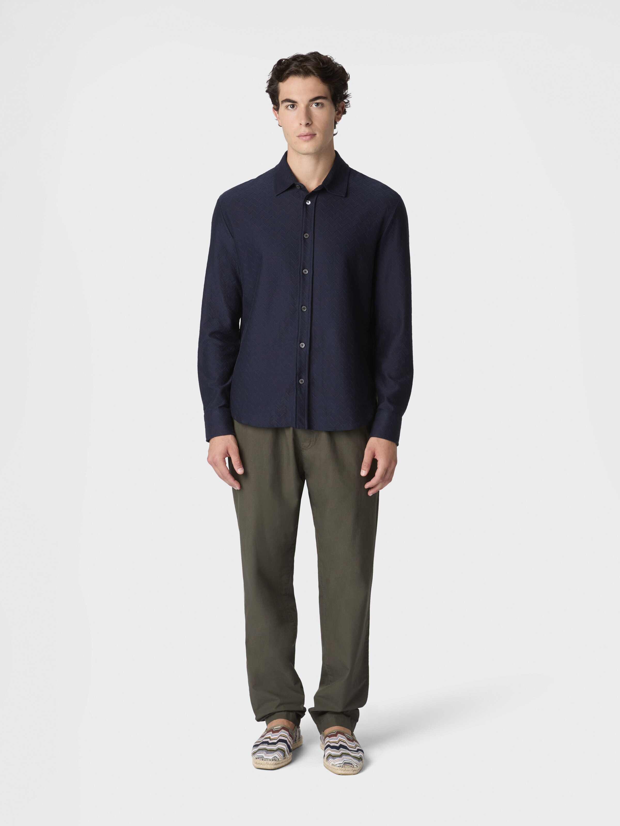Cotton jacquard shirt with tone-on-tone zigzag pattern, Blue - 1